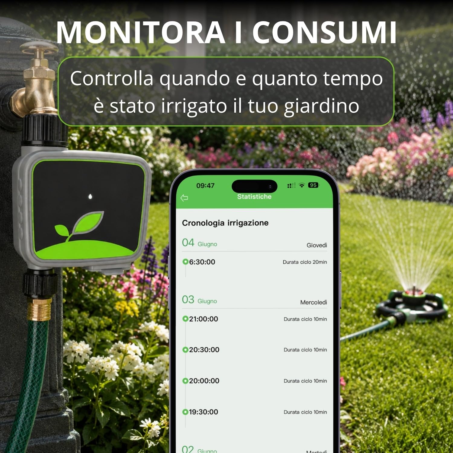 domyno Temporizador de riego WiFi inteligente de jardín con Hub RF incluido, programador de agua App Tuya Smart Life, retraso de lluvia, modo manual, temporizador para césped, huerto, macetas