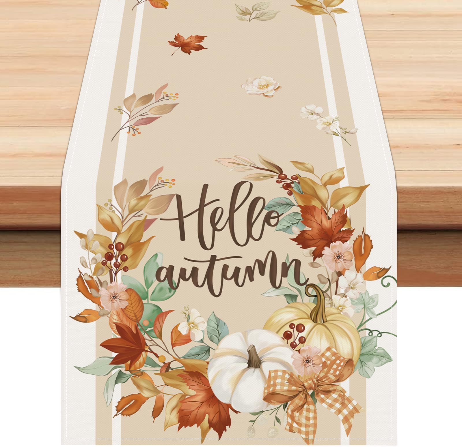 Bonhause Fall Pumpkin Table Runner 13x72 Inch Hello Autumn Wreath Floral Maple Leaves Thanksgiving Kitchen Dinning Table Decoration for Indoor Outdoor Home Party Decor