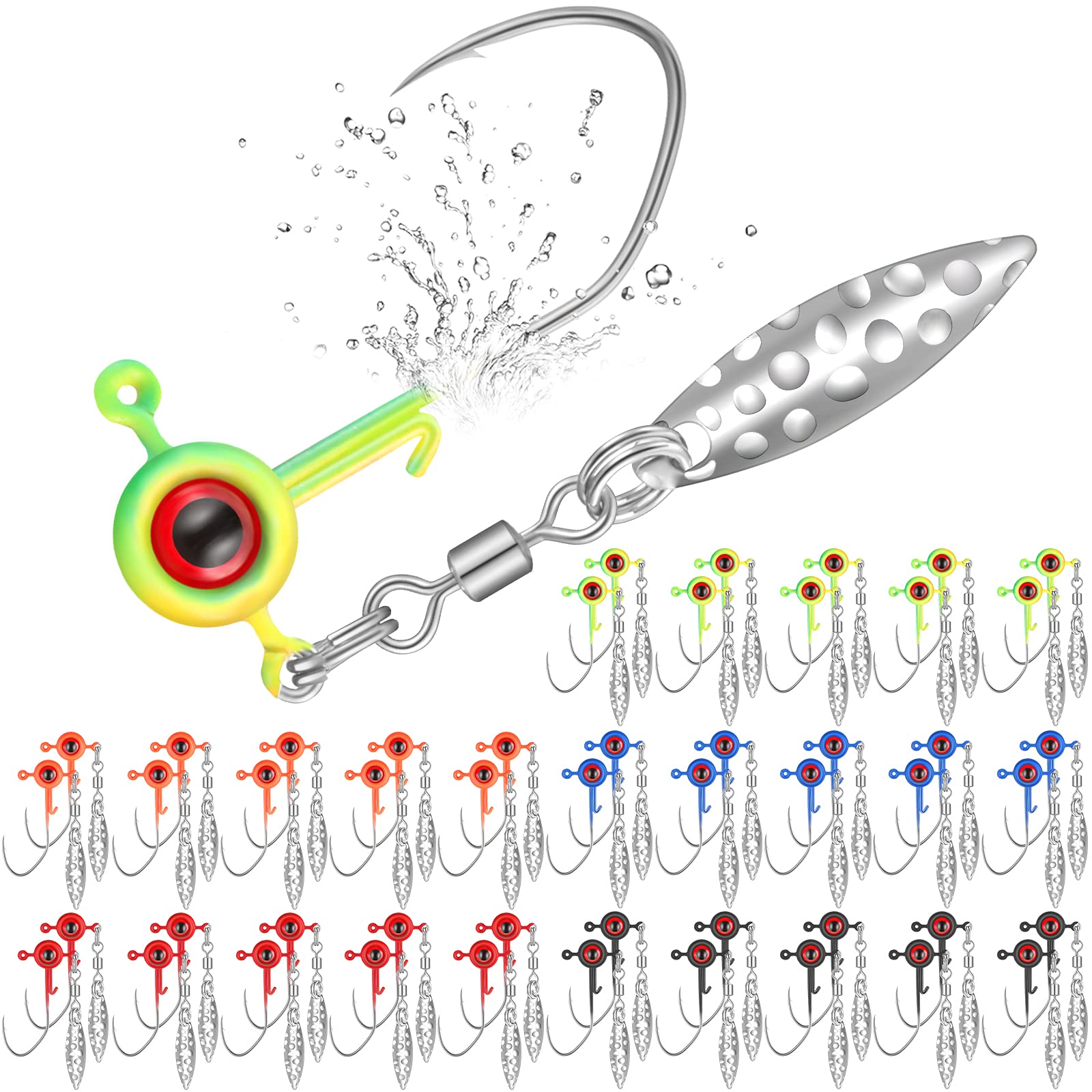 Skylety Crappie Jig Heads Kit Fishing Underspin Jig Heads Hook Lure with Eye Ball and Spinner Blade 1/16 oz Head Jigs for Saltwater & Freshwater