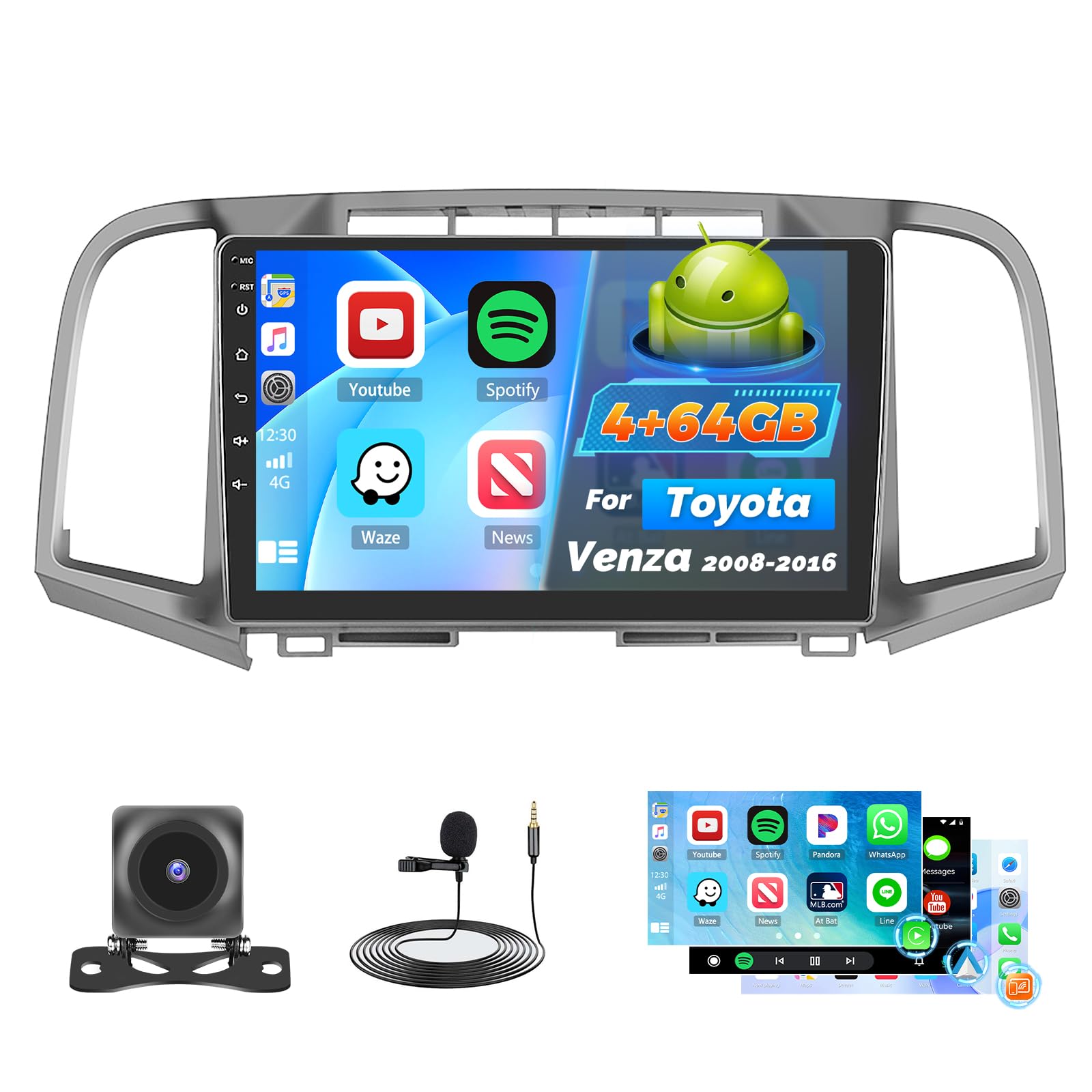 Roinvou Car Radio for Toyota Venza 2008-2016 with Wireless Carplay Android Auto, 4+64G 9 inch HD IPS Thouch Screen Bluetooth Radio with Bluetooth5.0