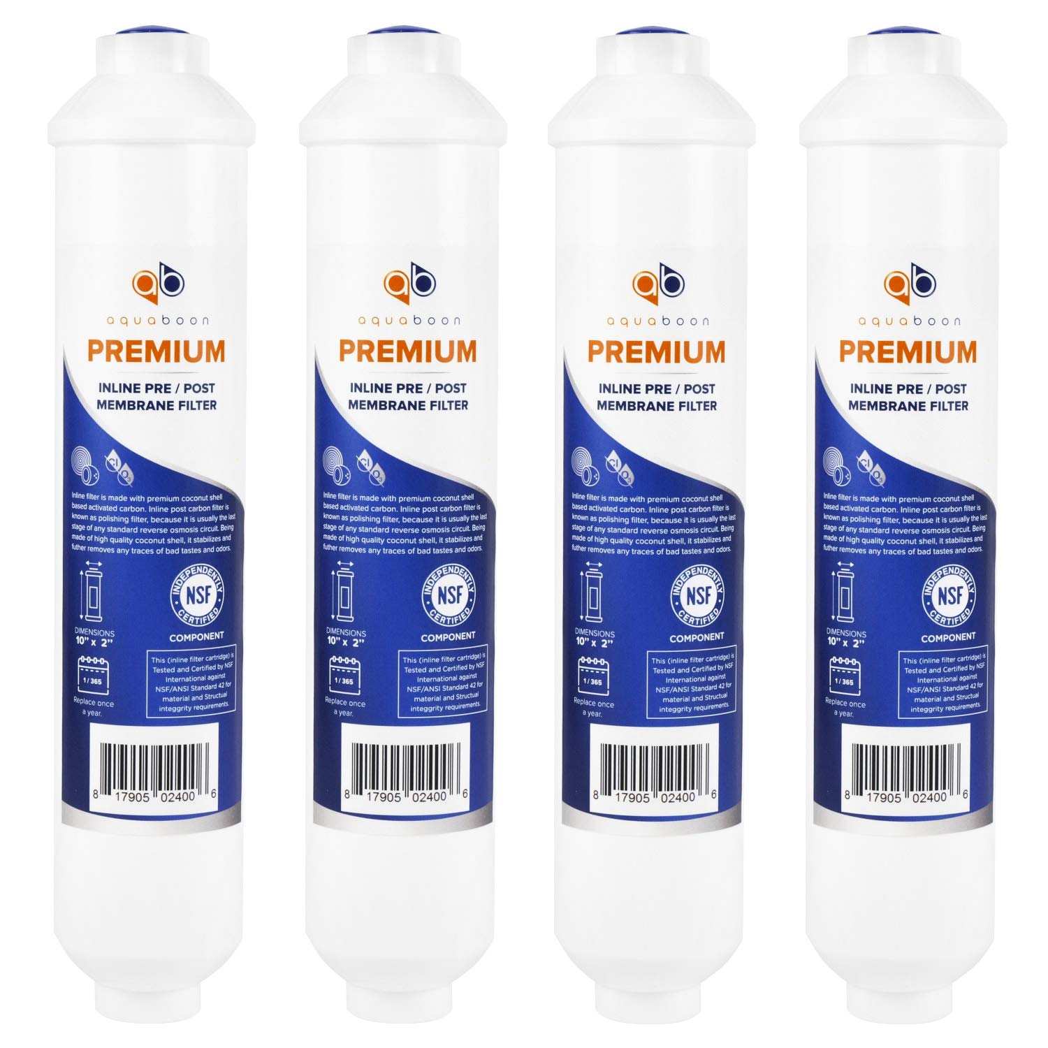 Aquaboon T33 Inline Carbon Filter - 1/4 Inline Water Filter for Refrigerator T33 Inline Ro Post/Granular Activated Carbon (GAC) Polishing Water Filter Cartridge for Reverse Osmosis System 4-Pack