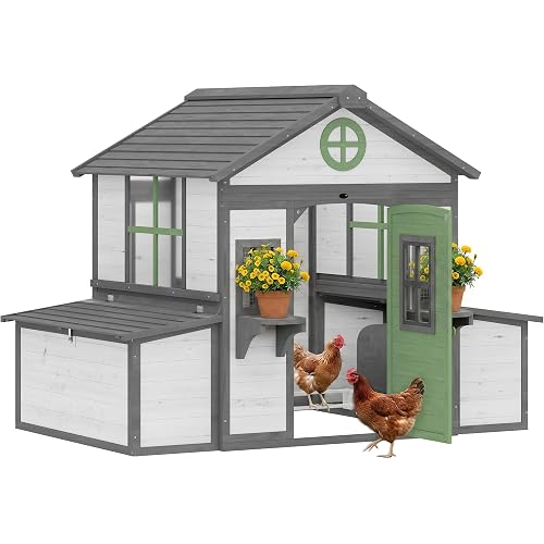 PawHut Wooden Chicken Coop, Hen House for 2-4 Hens, Outdoor Playhouse Poultry Cage with 2 Nesting Boxes, Waterproof Roof, Windows, Chicken Hutch for Farm Backyard, 72" x 50" x 54", White