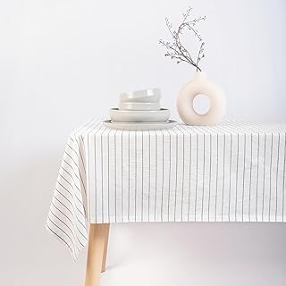 MONDAY MOOSE Striped Farmhouse Picnic Style Decoration Rectangle Natural Stonewashed Cotton Tablecloth for Kitchen, Dining Room, Restaurant (55x70 inch, White/Black Stripes)
