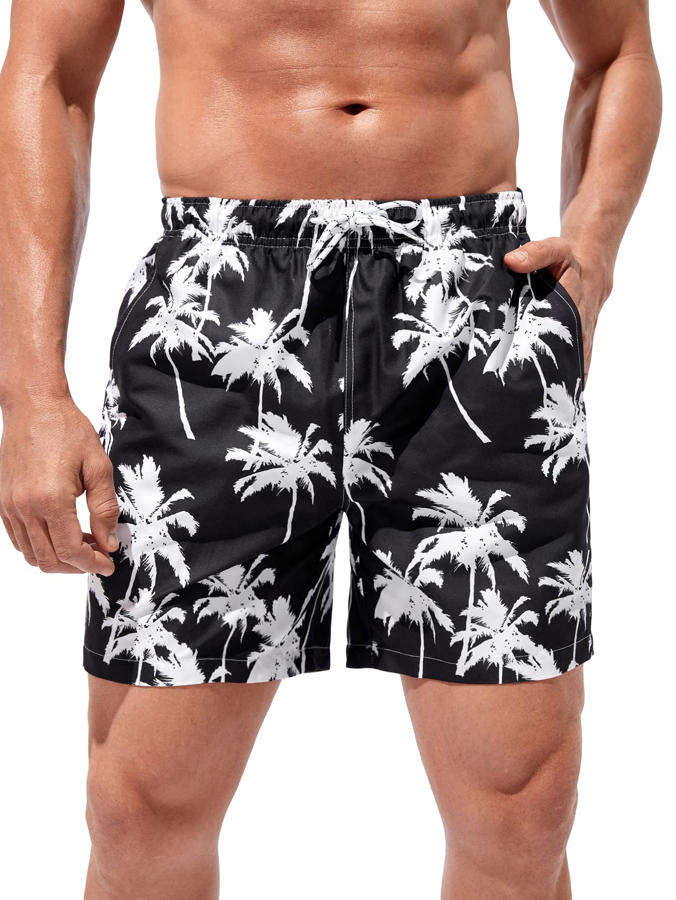 Floerns Men's Boho Swim Trunks Graphic Print Drawstring Waist Shorts Bathing Suit A Black and White M