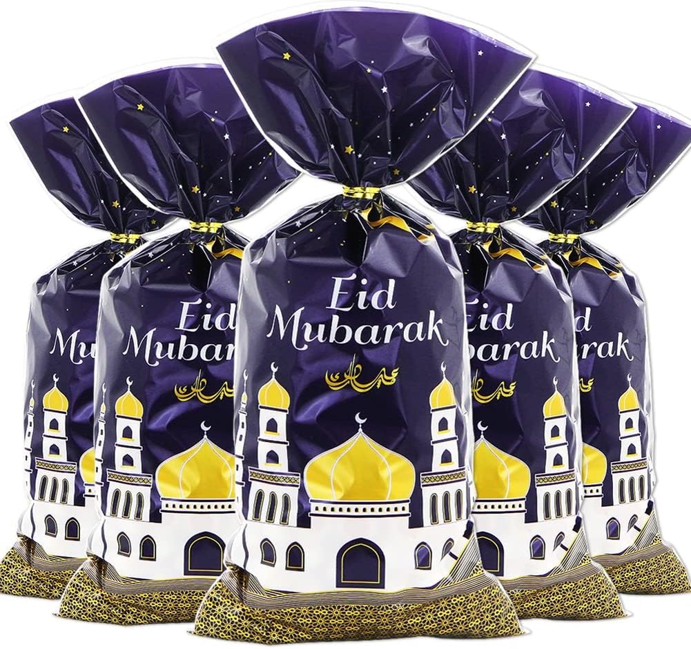 100 Pcs Eid Mubarak Candy Bags for Gifts, Ramadan Kareem Goodie Cellophane Treat Bags, Muslim Castle Moon Star Pattern Cellophane Bags Goody Favor Bags for Eid Iftar Diwali Party Supplies (Purple)