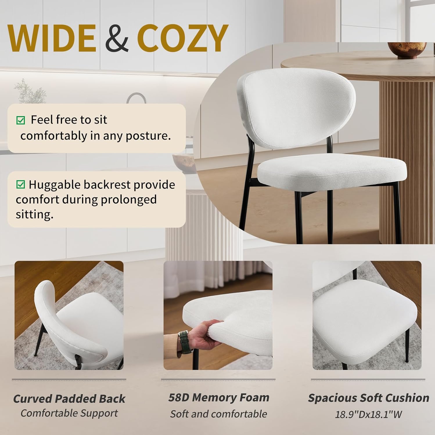 STOOLINK Upholstered Dining Room Chairs Set of 6 Modern Chenille Diner Chairs with 58D Memory Foam Thick Cushion Comfy Armless Kitchen Chair with Sturdy Metal Legs for Dining Table/Vanity White