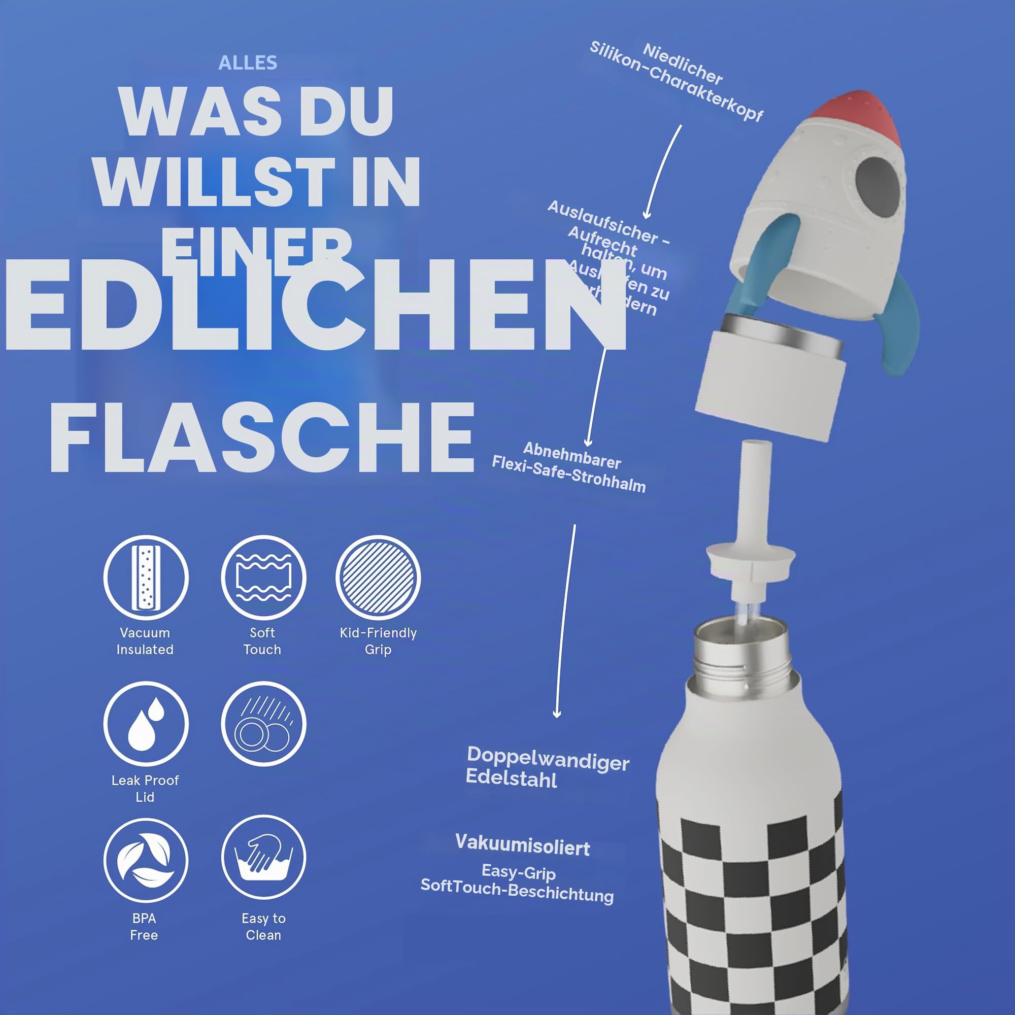 Asobu Bestie Kindertrinkflasche mit Strohhalm – Isolierte Edelstahlflasche 420ml mit Raketen-Kopf – Auslaufsicher & BPA-frei