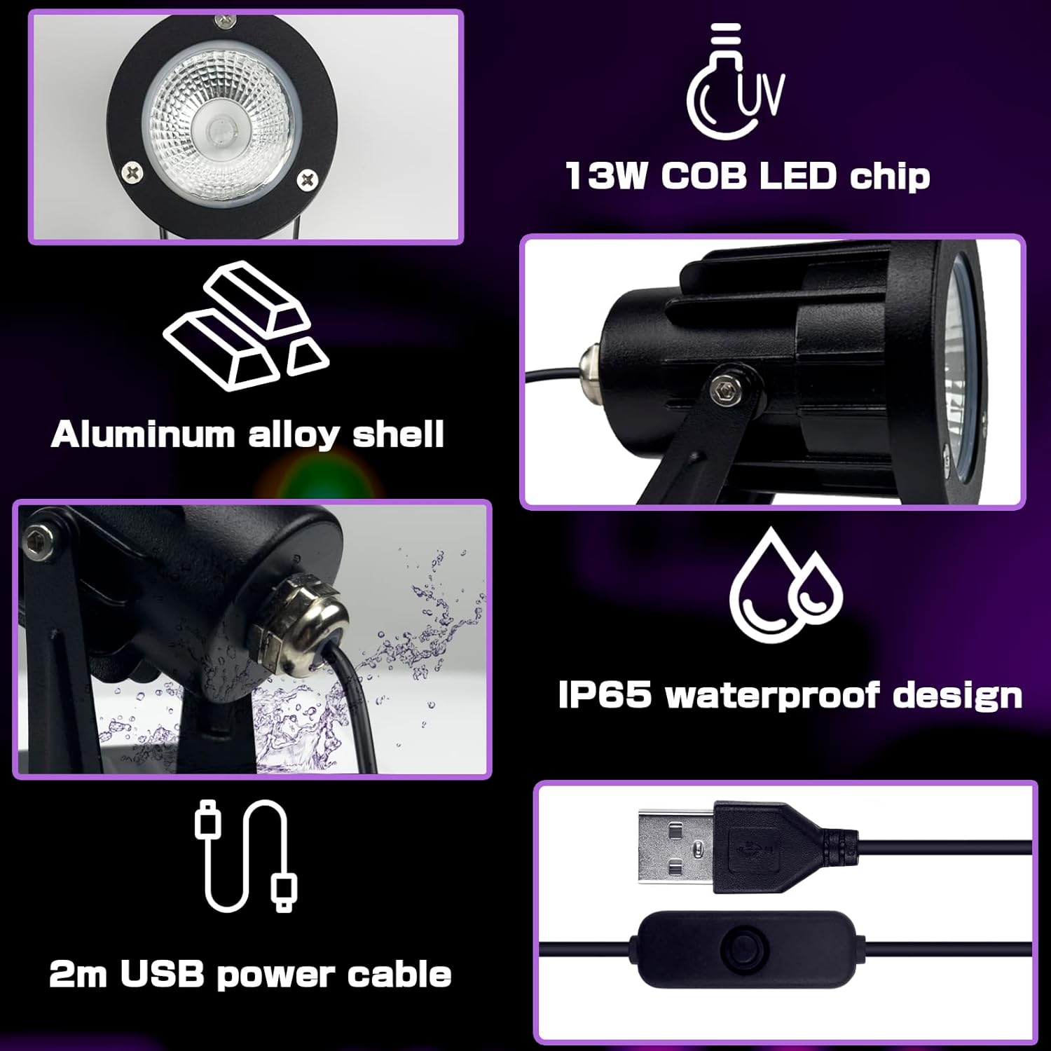 Black Light 13W 6ft UV Light Lamp, IP65 Clip on Lamp UV Resin Lights, for Fluorescent Tapestry Poster Body Paint Glow Party (2)