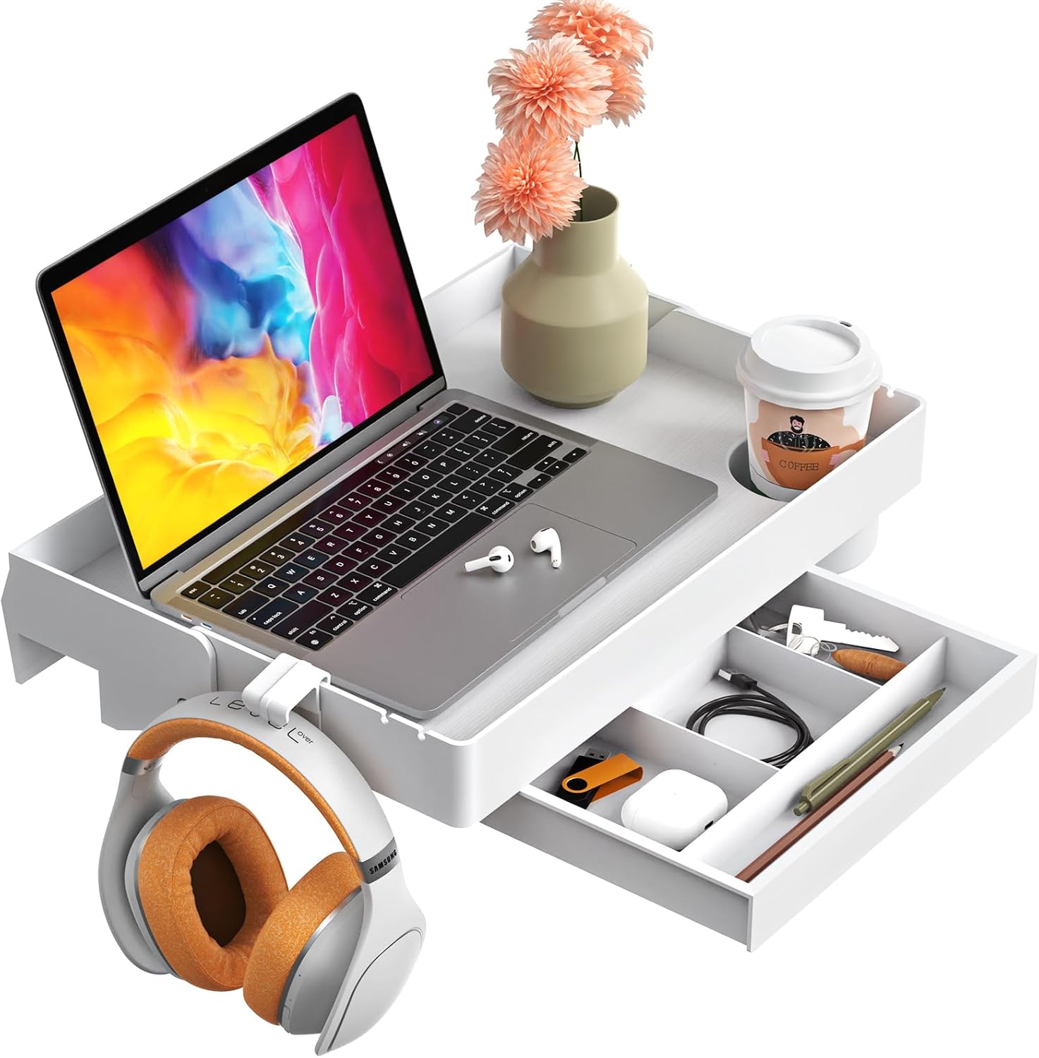 SPACEKEEPER Folding Bedside Shelf with Drawer, ClipOn Bedside Tray