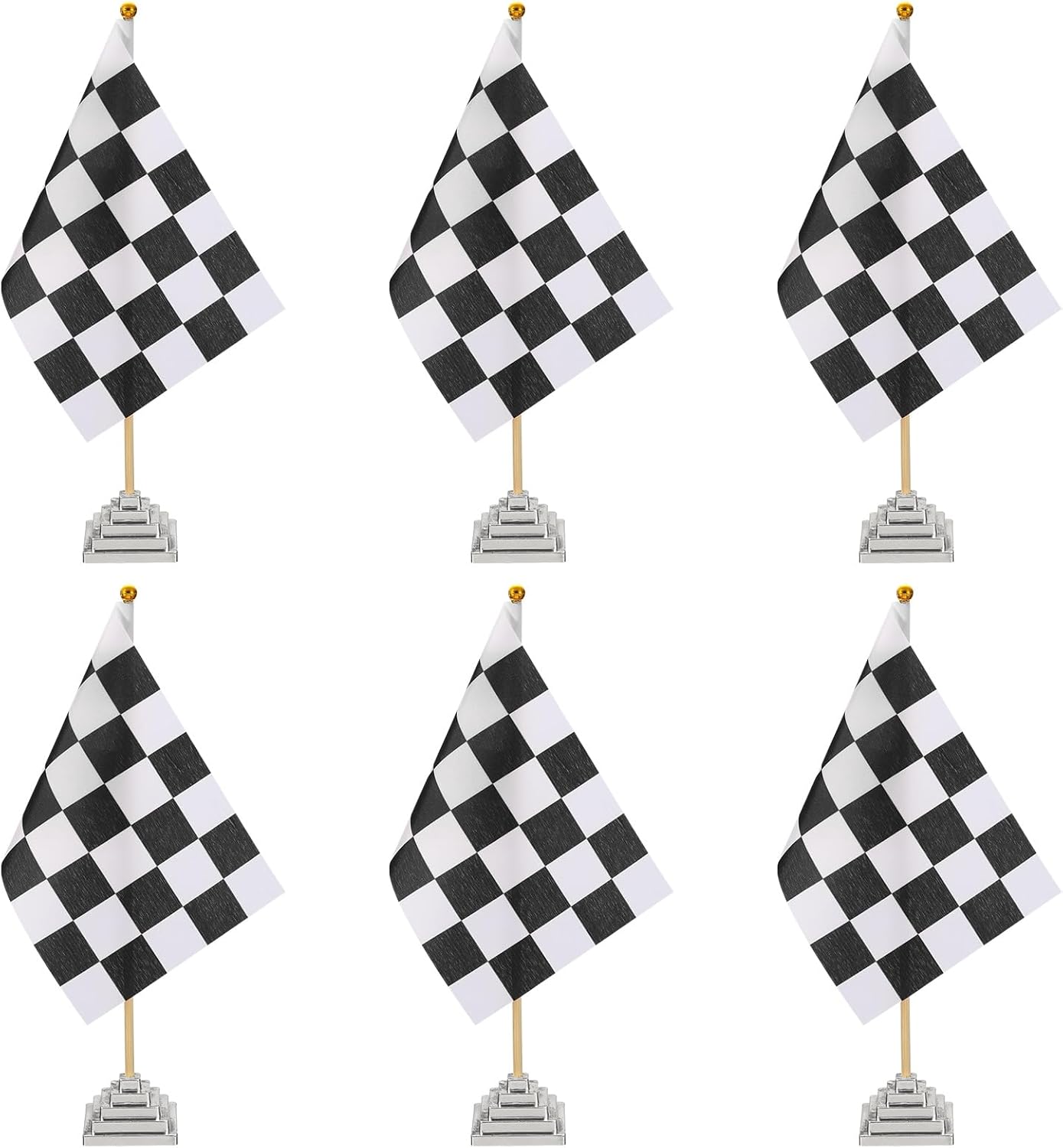 PATIKIL 6Pack Black and White Checkered Table Flag, 12" Small Race Car Racing Office Desk Flag Set with Bamboo Stick and Silver Square Base for Car Soccer Sport Party Decoration