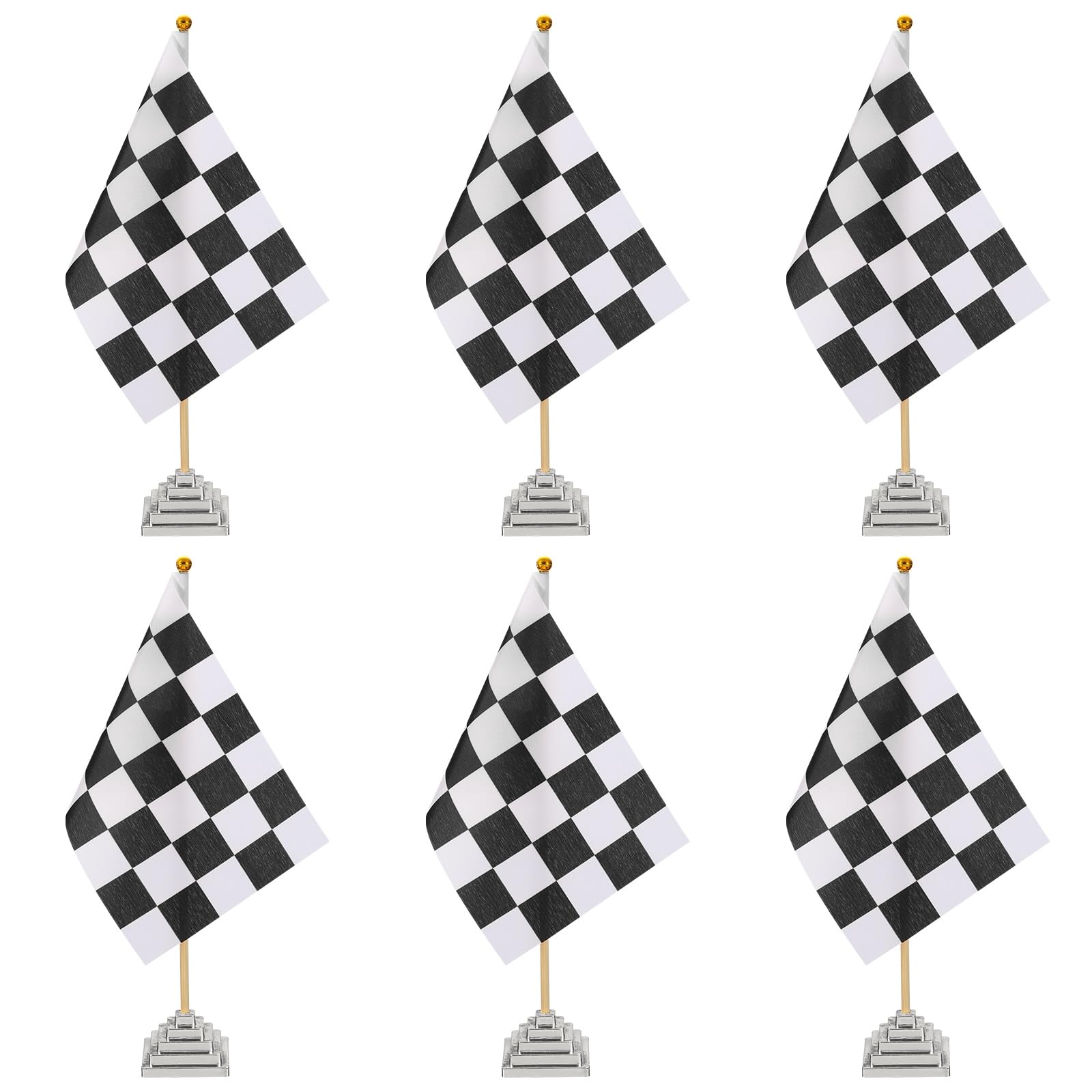 PATIKIL 6Pack Black and White Checkered Table Flag, 12" Small Race Car Racing Office Desk Flag Set with Bamboo Stick and Silver Square Base for Car Soccer Sport Party Decoration