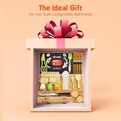 Vista 8 de Delamu Kit de fabricación de sushi 27 en 1 [Padre-Hijo] Kit de sushi para principiantes/profesionales, con alfombrillas de sushi de bambú, bazuca