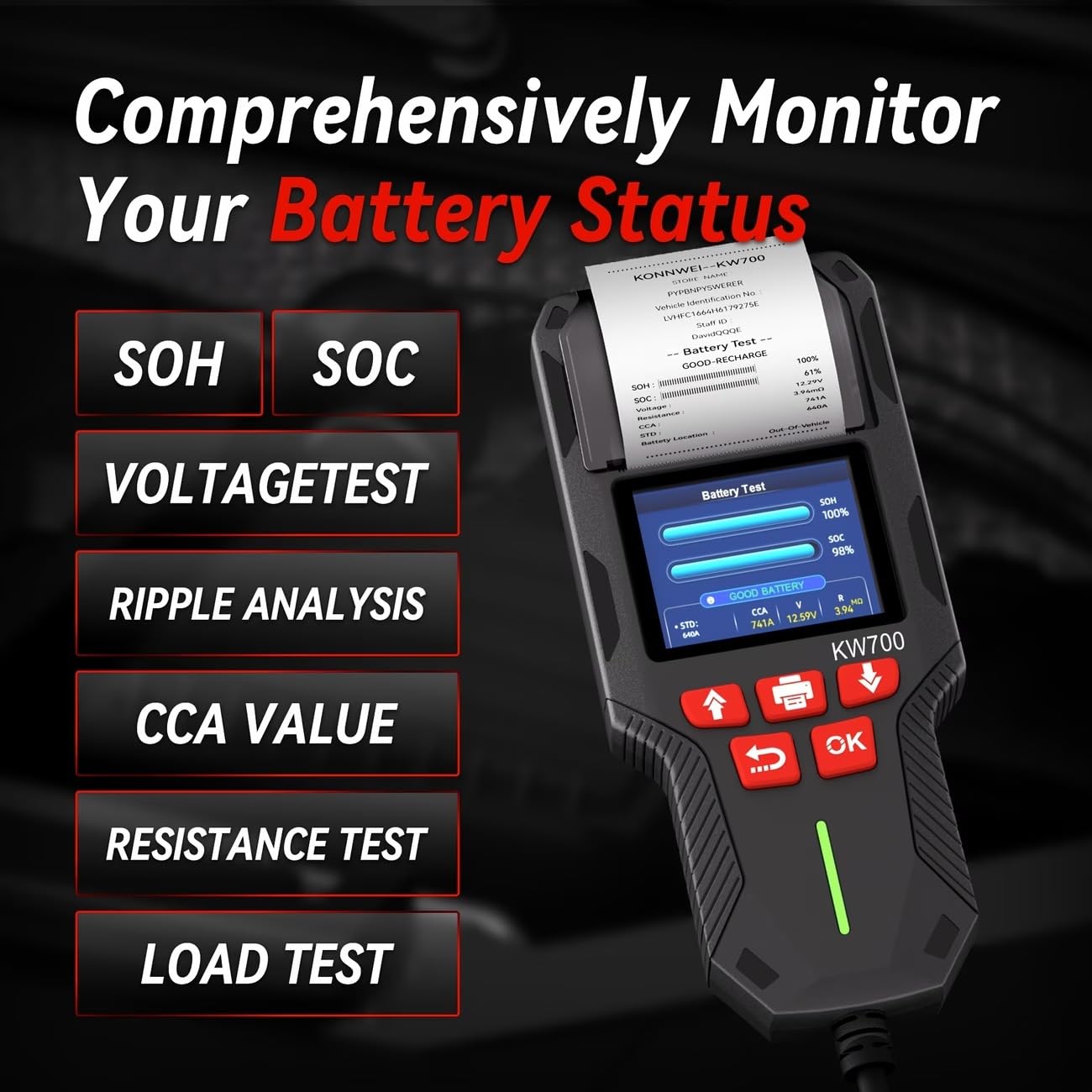 KONNWEI KW700 12V/24V Autobatterie Tester mit Drucker, Digitales Batterie-Analysegerät für PKW, LKW, Motorrad, AGM/GEL/EFB/Lithium Batterien,CCA/EN/DIN Normen, Start-Stopp,Lade- & Startsystem Diagnose
