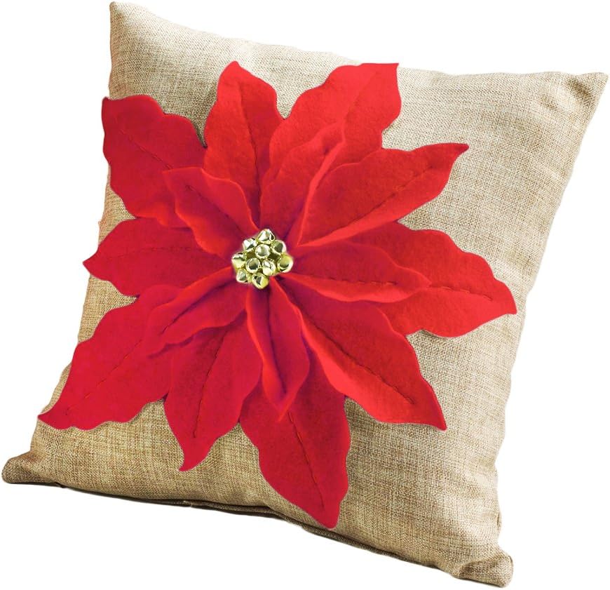 Fennco Styles Poinsettia Felt Decorative Throw Pillow Case & Insert 17 x 17 Inch - White Flower Pillow for Home, Couch, Bedroom and Living Room Decor (White)
