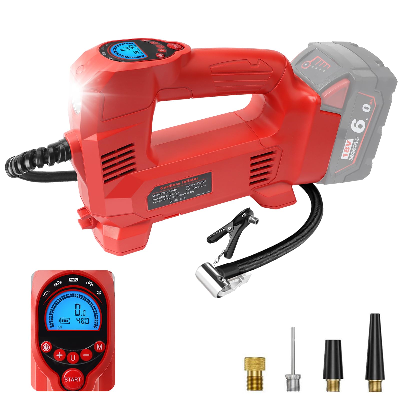 QUPERR Akku Kompressor kompatibel mit Milwaukee M18 Akkus, Elektrischer Luftkompressor bis 10,34 bar mit LED-Licht & Autostopp, Tragbare Luftpumpe für Auto, Motorrad, Fahrrad, Bälle (ohne Akku)