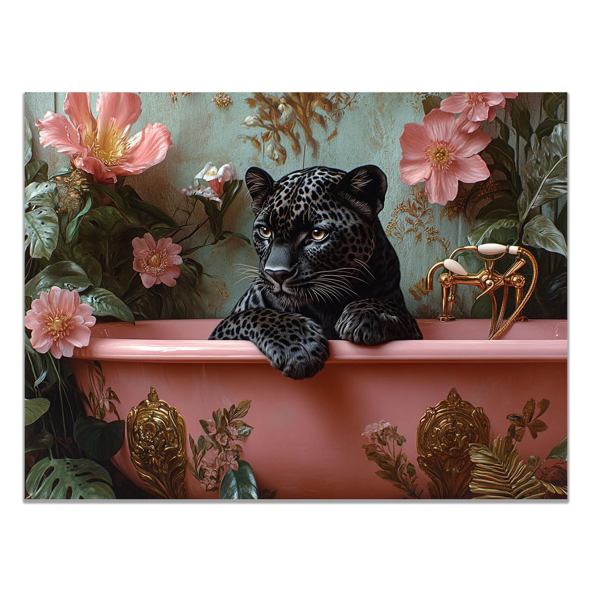 TZKRWRH Cheetah Wall Art Print Jungle Animal Decor Panther in Pink Bathtub Leopard Prints, Animals Portrait, Jungle Poster, Funny Paintings Bathroom(Black 11)-70x100cm Unframed