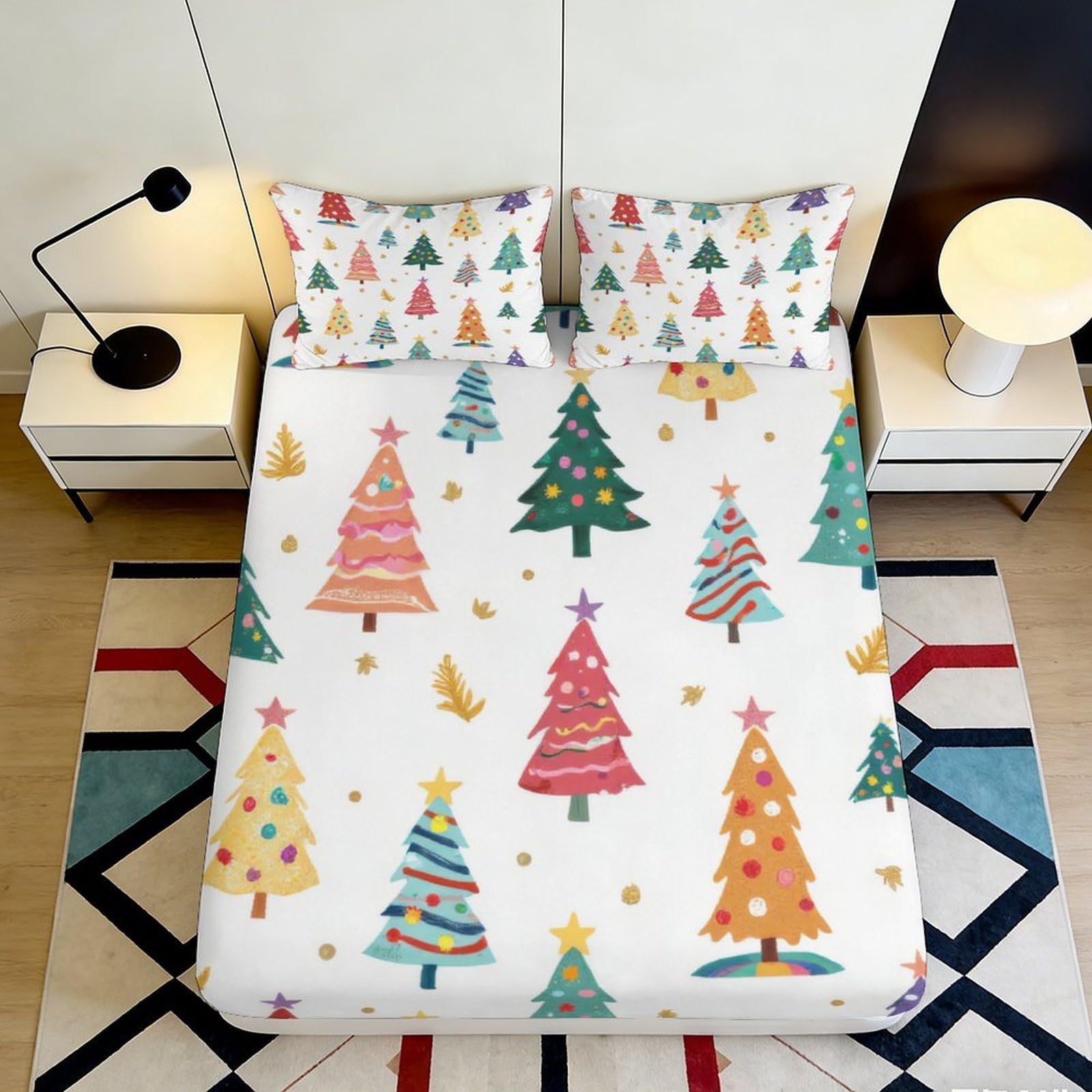 Uynsixtme Style-4 3D Printed Christmas Tree Fitted Sheet Microfiber Non-Slip Deep Pocket Christmas Mattress Fitted Cover Washable For Bedroom 90X200x25cm