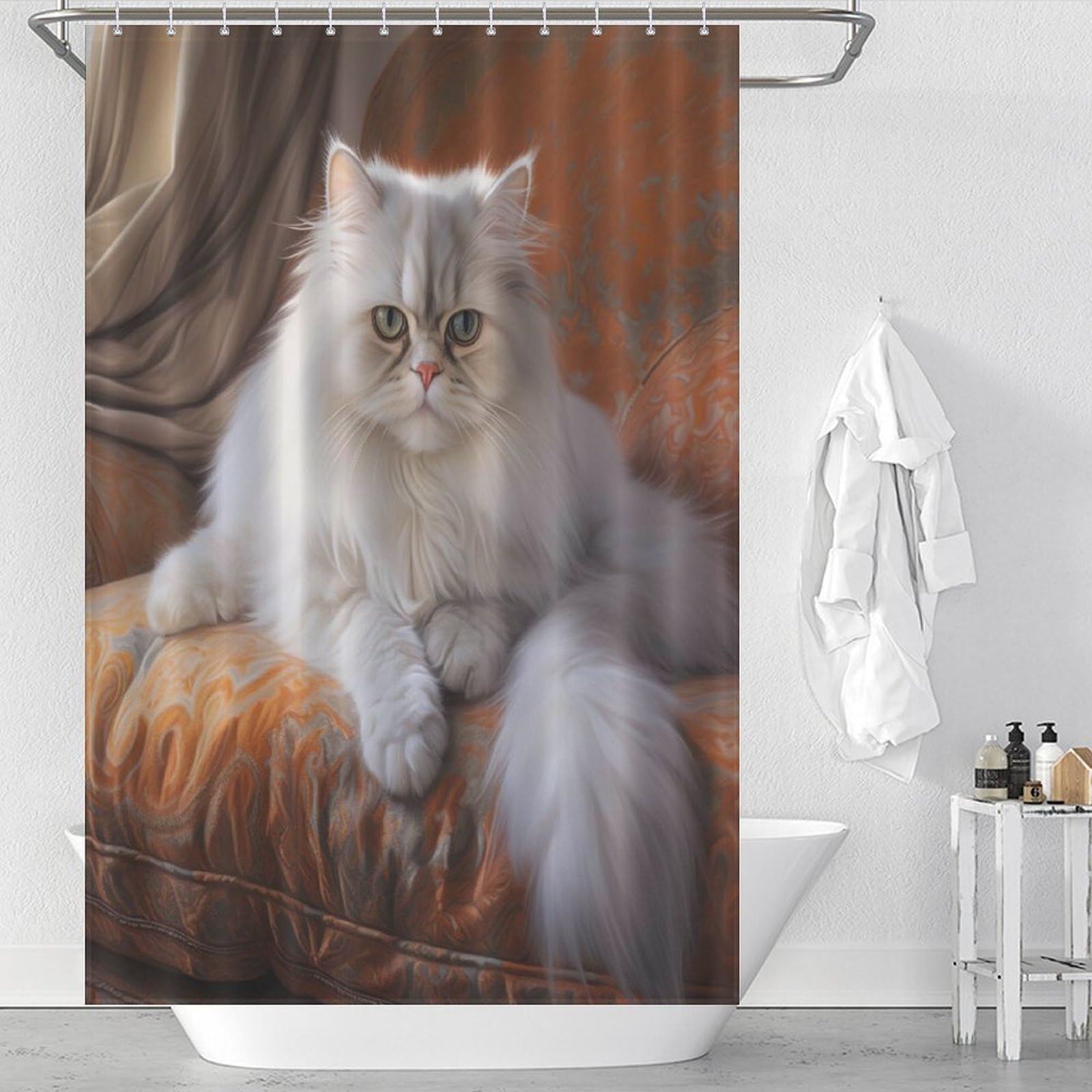 Rideau de bain chat étanche et lavable avec ses 12 crochets inclus