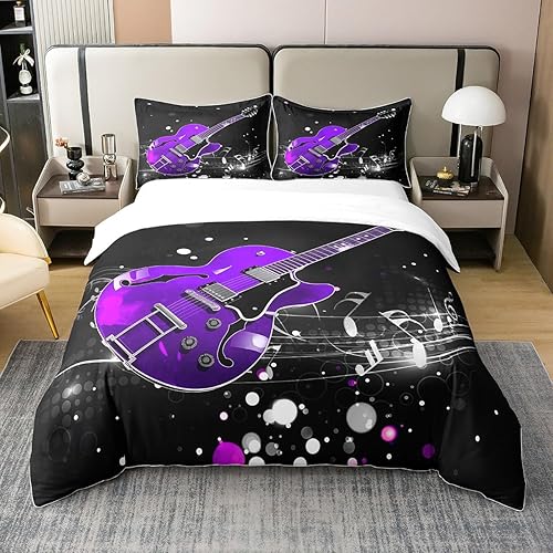 Miniatura 11 de Funda de edredón de guitarra, 100% algodón natural, tamaño King, temática musical, retro, nota musical, funda de edredón para adolescentes y Multi