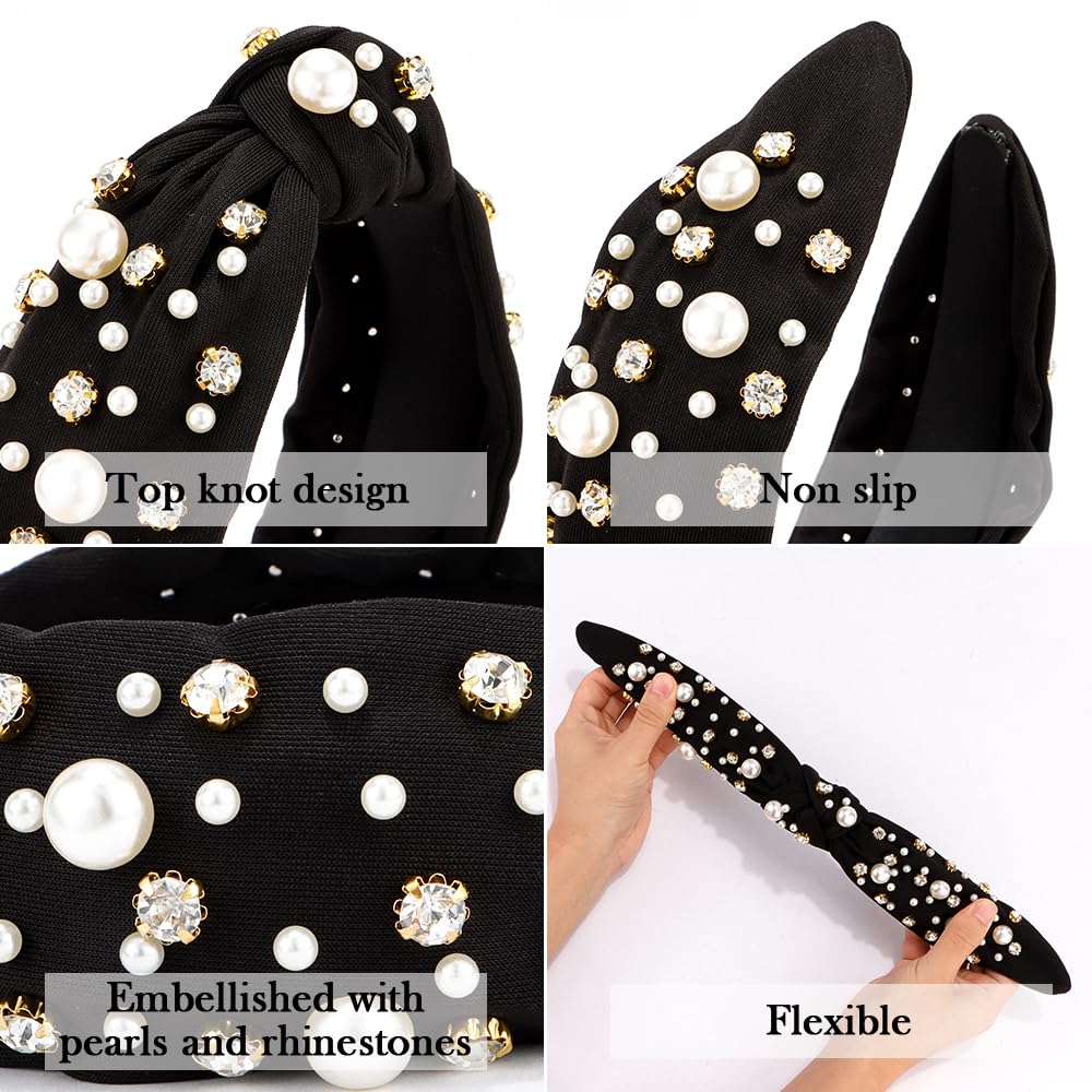 Xiyantiji Diadema Anudada Negra Con Perlas Para Mujeres Y Niñas, Bandas Elásticas Anchas Para El Cabello, Diadema Trenzada, Accesorios Para El Cabello Para Mujeres