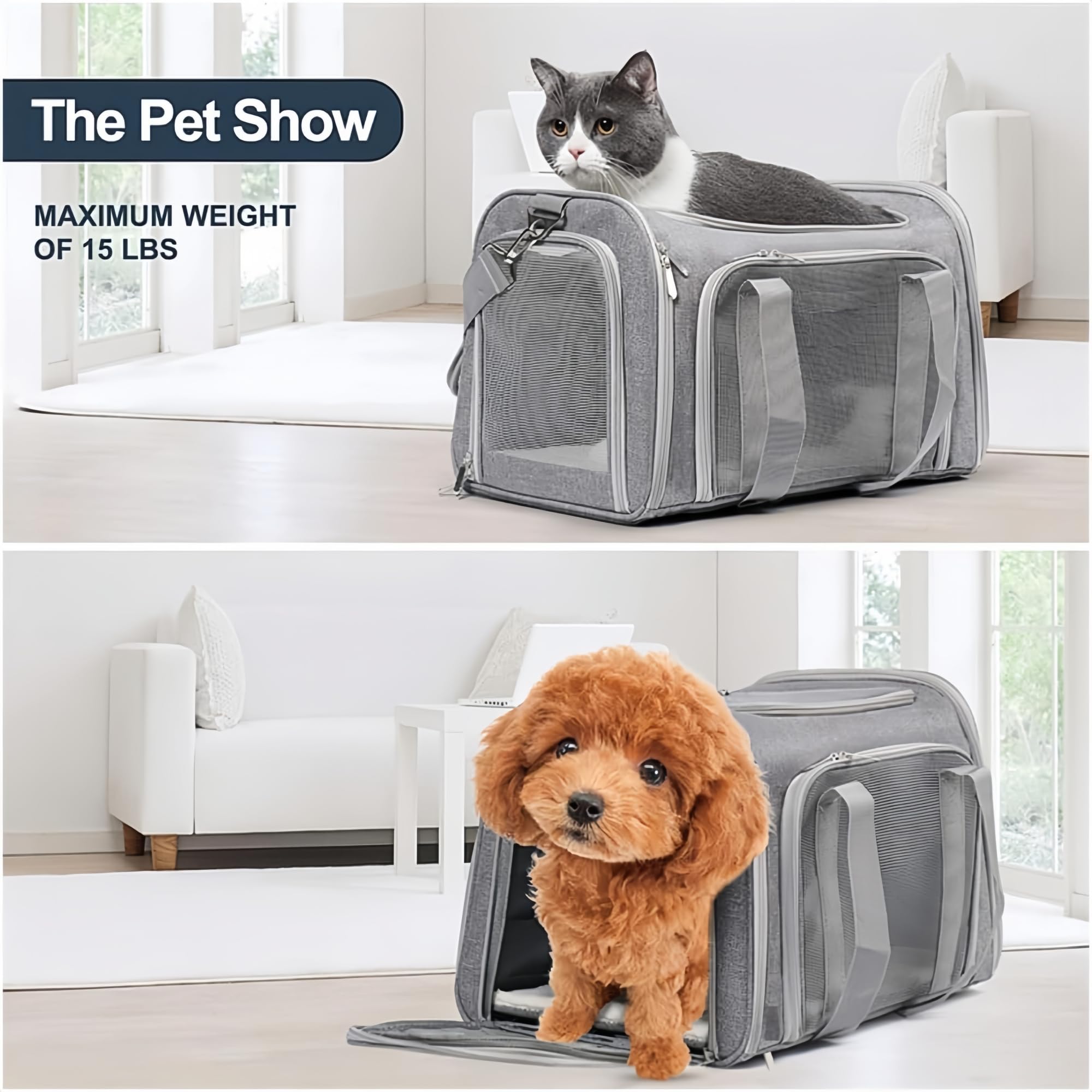 Transporttasche Katze Hund Groß Tragbare Haustiertasche für draußen Faltbar atmungsaktiv Große Kapazität für Zwei kleine Katzen, Autoreise Tragetasche für Katze mittel große Hund(Grauton)