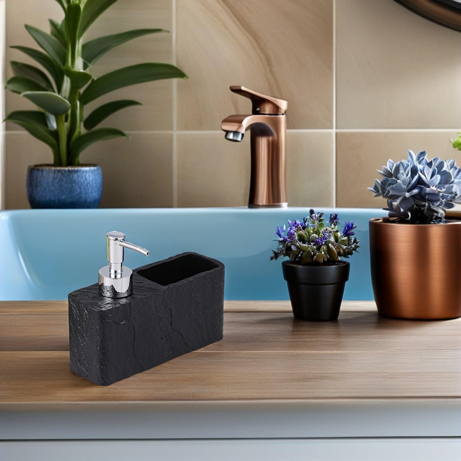 Cabilock Dispensador de Jabón de Cocina Rellenable con Soporte para Esponja para Encimera de Baño Dispensador de Jabón de Manos de Resina con Textura de Roca para Lavavajillas