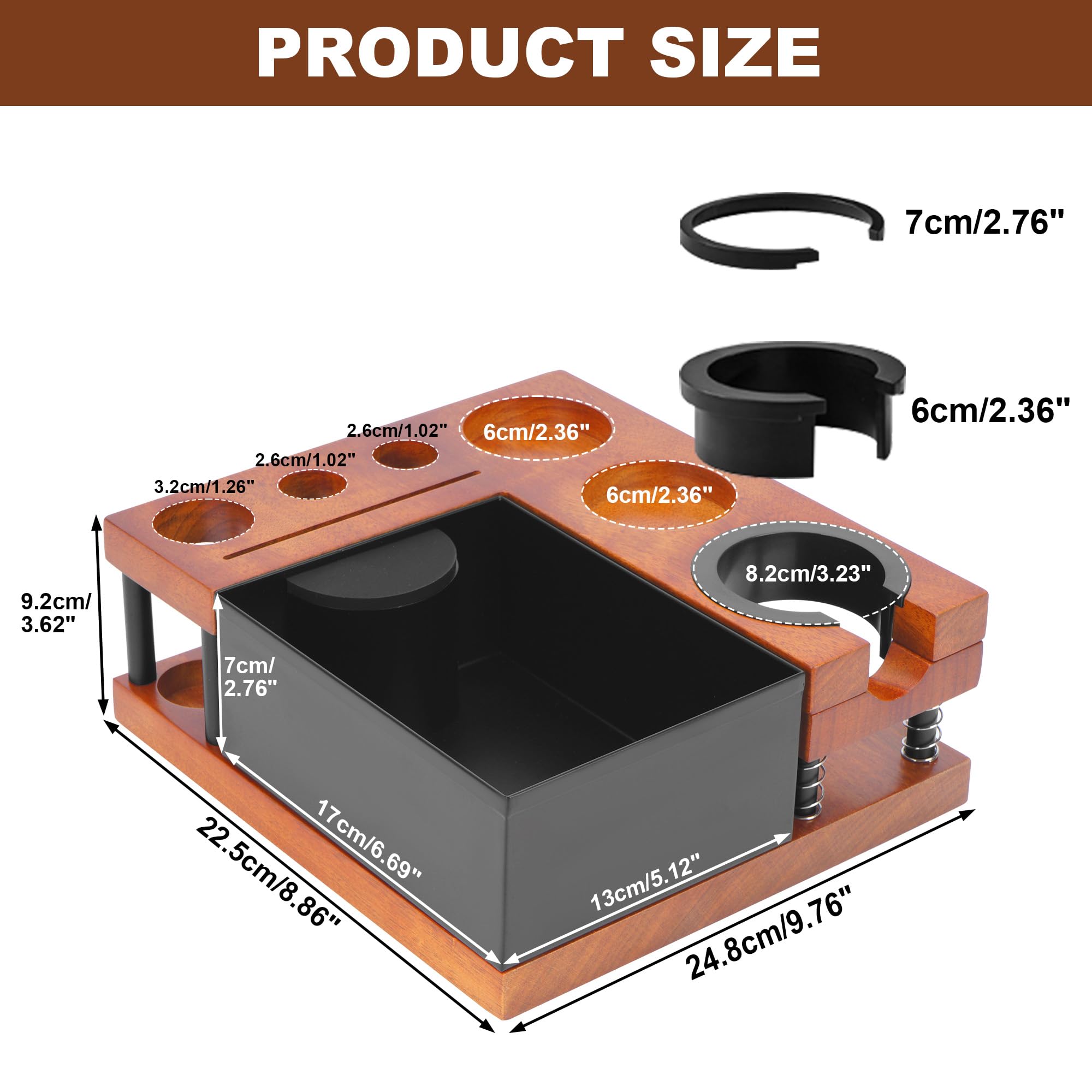 Espresso Knock Box - Estación de apisonamiento con 8 agujeros, 4 ranuras para tarjetas, caja organizadora de café expreso de madera maciza, apta para distribuidores de 51 a 58 mm, accesorios