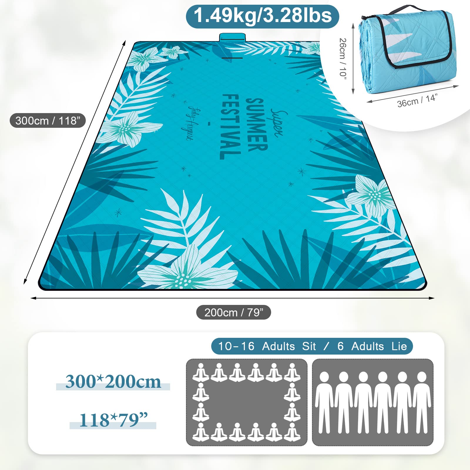 DEWUR Coperta da Picnic Impermeabile Lavabile Sandfrei XXL 300x200cm Blu