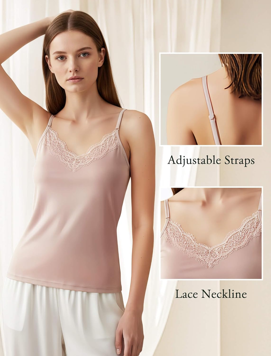 COLD POSH Women's Mulberry Silk Knit Camisole Lace Deep V-Neck Soft Spaghetti Strap Cami Tank Tops for Women Undershirt - Image 5