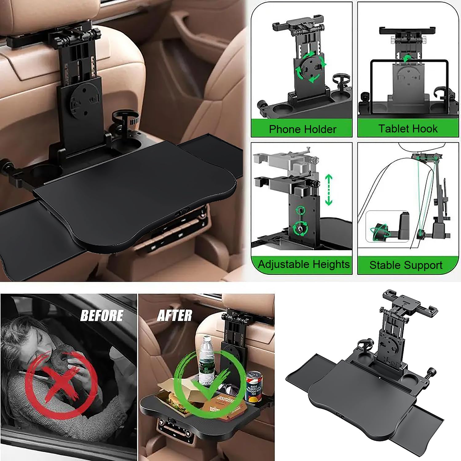 Tavolino per Auto，Vassoio del Sedile Posteriore Automobile con Portabicchieri e Supporto,Tavolino Regolabile per Cellulare Portata 15-20 kg，per Lavorare, Scrivere，Cibo
