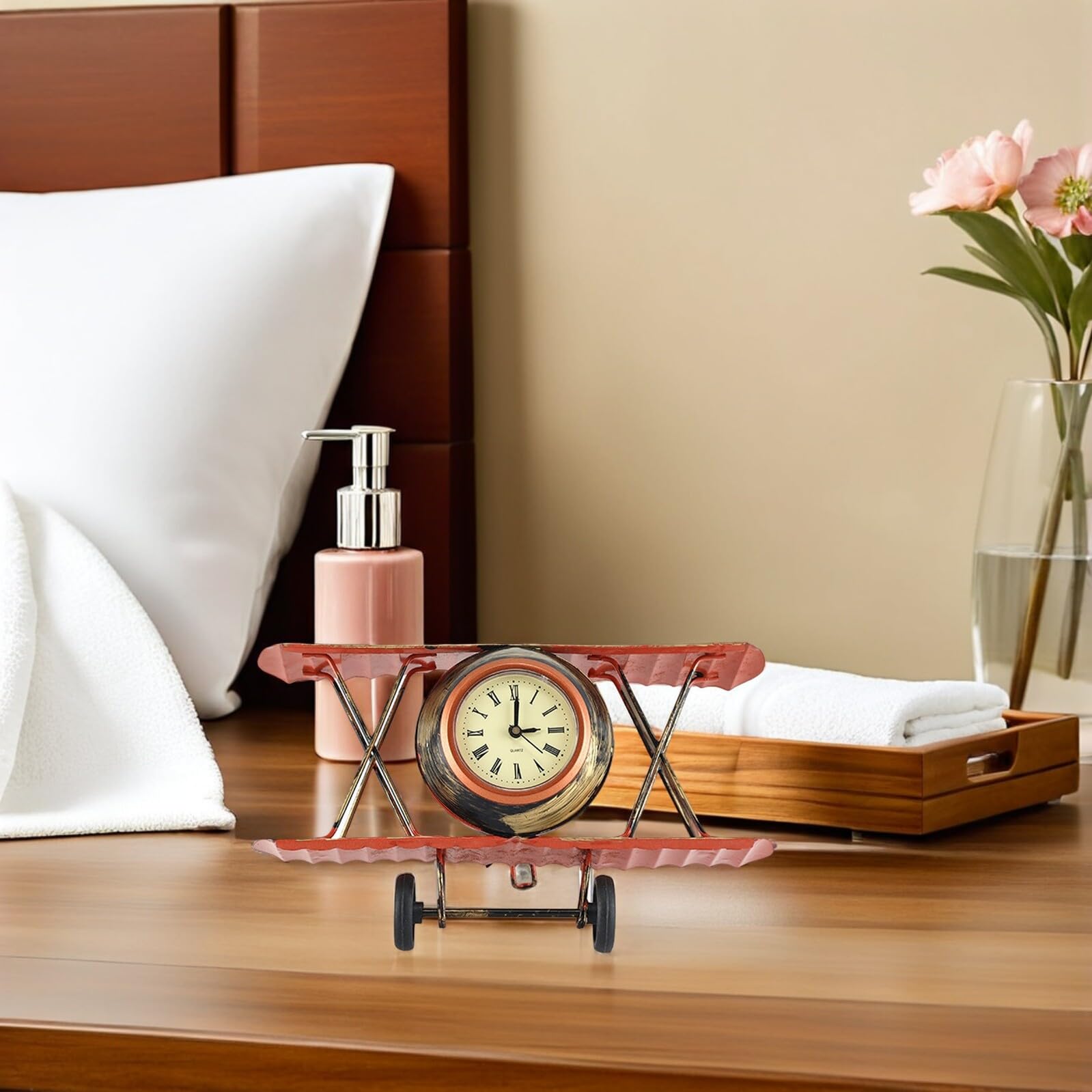 HOMSFOU Reloj De La Sala Reloj De Mesa Biplano Reloj De Mesa De Noche Relojes De Pared De Aviones Mini Reloj De Mesa Modelo De Reloj De Avión Despertador De Avion Manto De Chimenea Metal