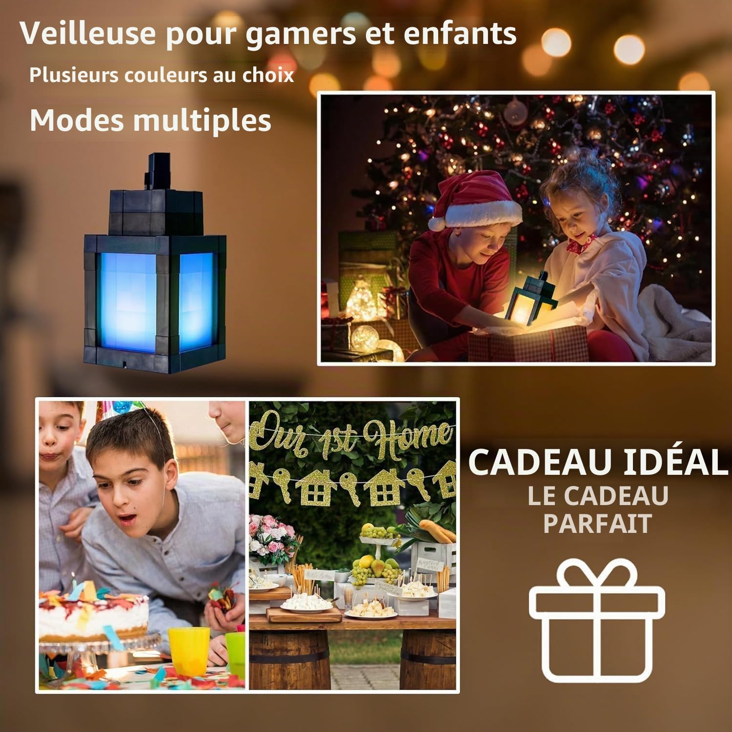 Lanterne 3D Pixelisée Veilleuse - Lampe de Nuit Rechargeable USB - 16 Couleurs LED avec Commutateur d'ambiance et Télécommande - Lumière de Montage au Mur ou sur Table, Idéale pour la Chambre, la