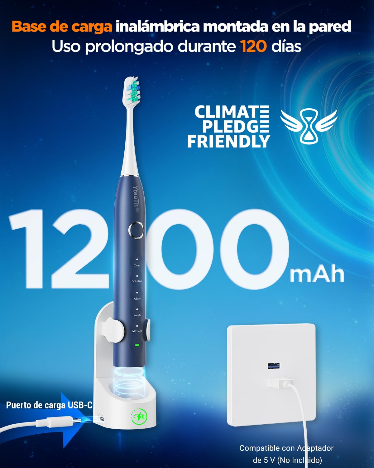 Cepillo de Dientes Eléctrico Sónico Hombres con 8 Cabezales - Cepillo Eléctrico Adultos con 5 Modos, Estuche de Viaje, 3 Meses de Autonomía, Cepillo Dientes Electrico Viaje Recargable, Blanco y Azul