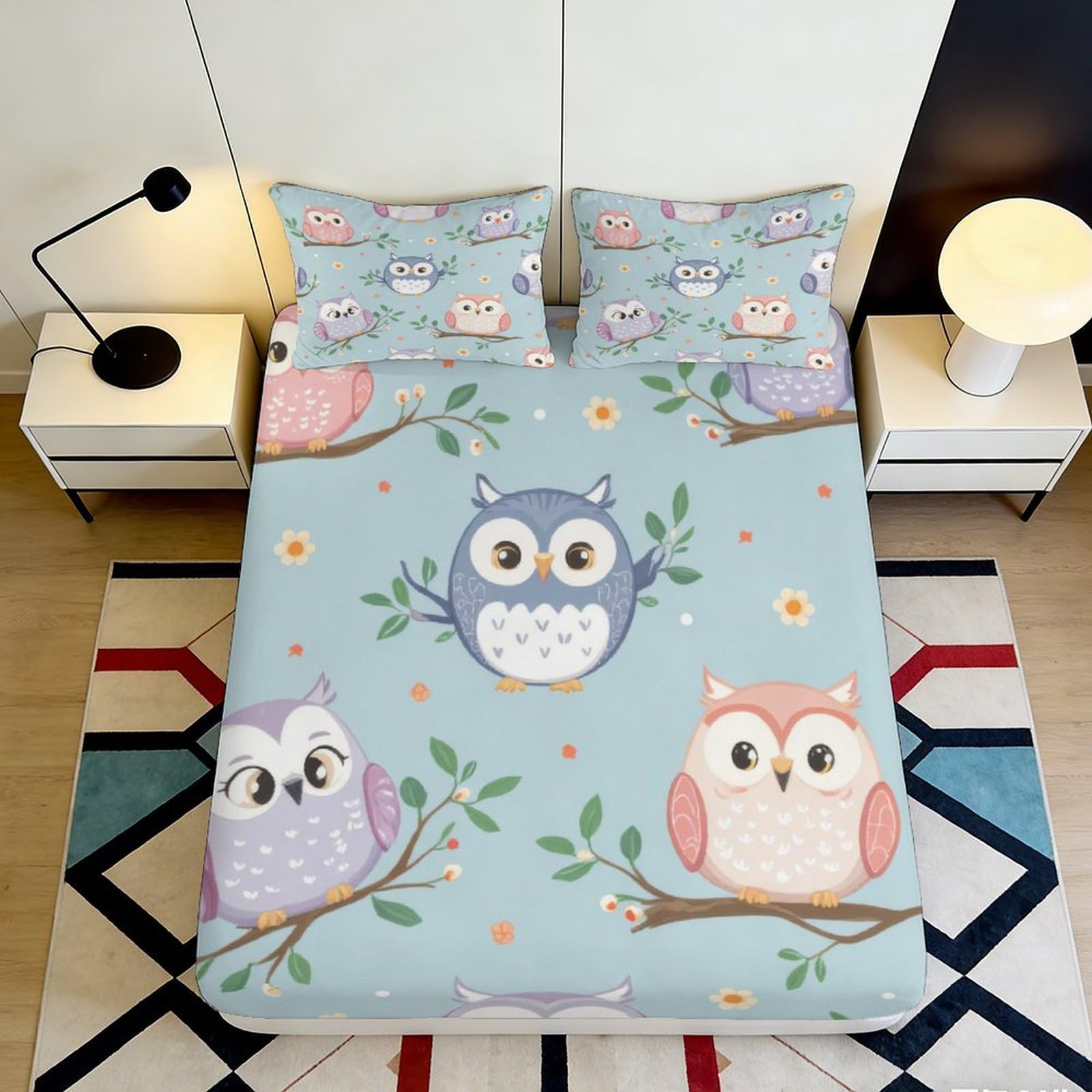 3D Printed Cute Owl Pattern Fitted Sheet Microfiber Soft Breathable Cartoon Birds Bed Cover for Bedroom Dormitory Guest Room Mattress Protection 90x200x25cm