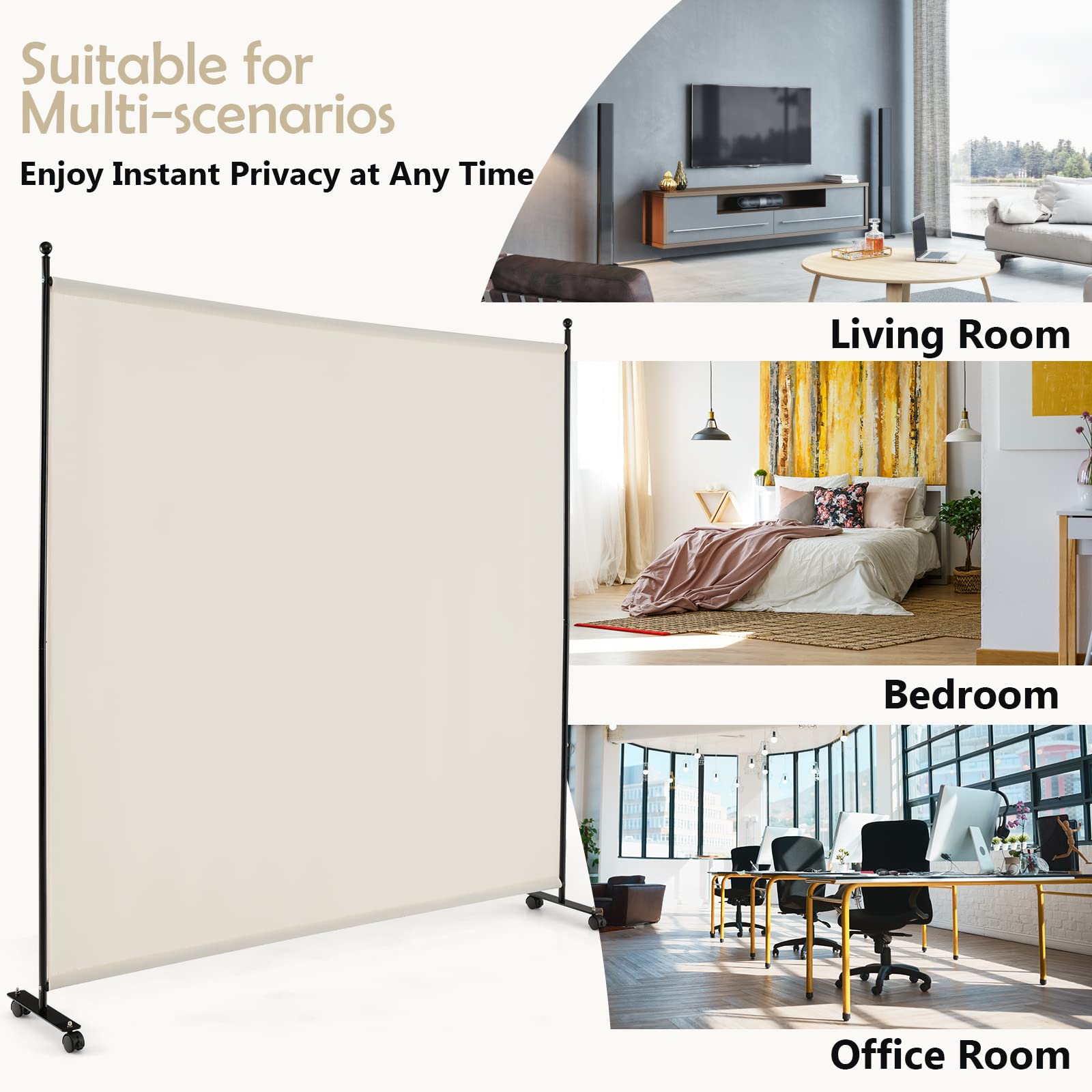 GOPLUS Biombo Separador de Ambientes de1 Panel con Ruedas Bloqueables, Biombo Plegable de Tela con Marco de Metal para Privacidad, Divisor para Salón Dormitorio (Blanco, 1 Panel, 184x184 cm)