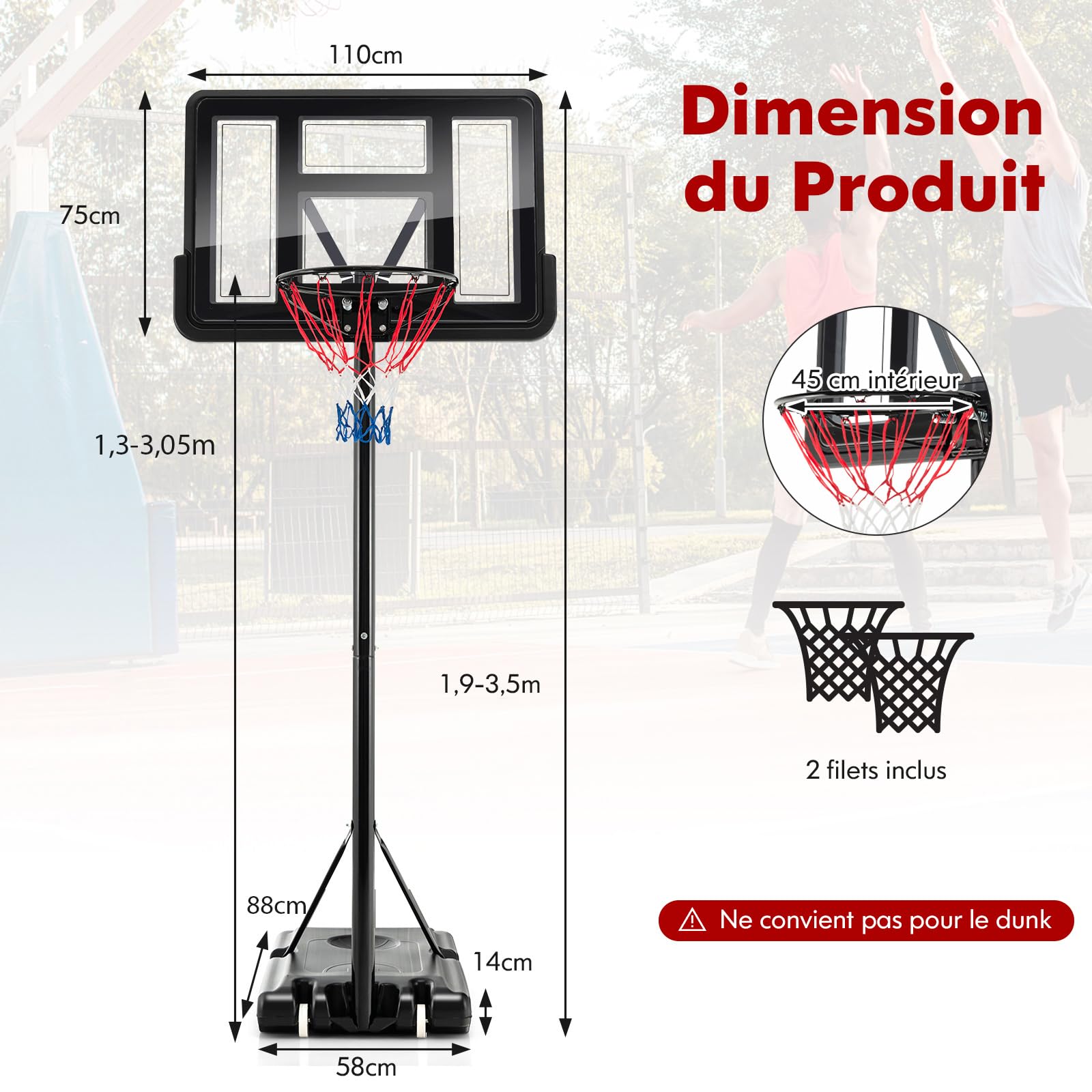 Panier De Basket Costway Réglable - 10 Hauteurs (1.49m à 3.05m) - Base Stable Avec Sac De Poids - Pour Intérieur/Extérieur