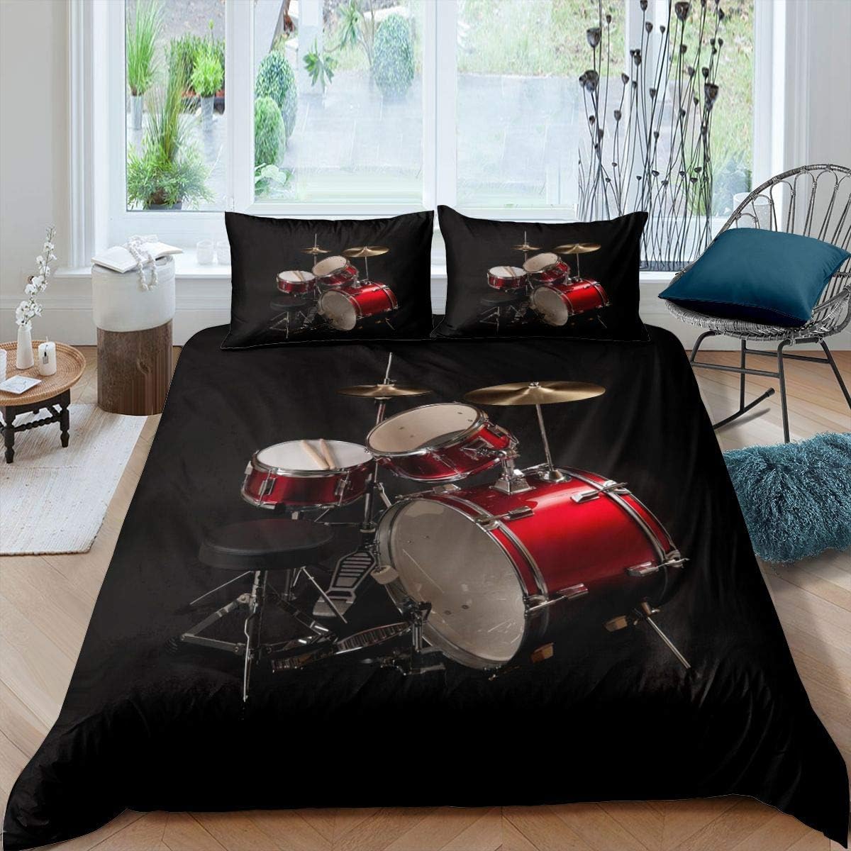Homemissing Drum Kit Duvet Cover King Rock Music Bedding Set for Kids Boys Teens Adults Musical Instrument Comforter Cover Rock Band Quilt Cover with 2 Pillowcase 3Pcs Bedding Black