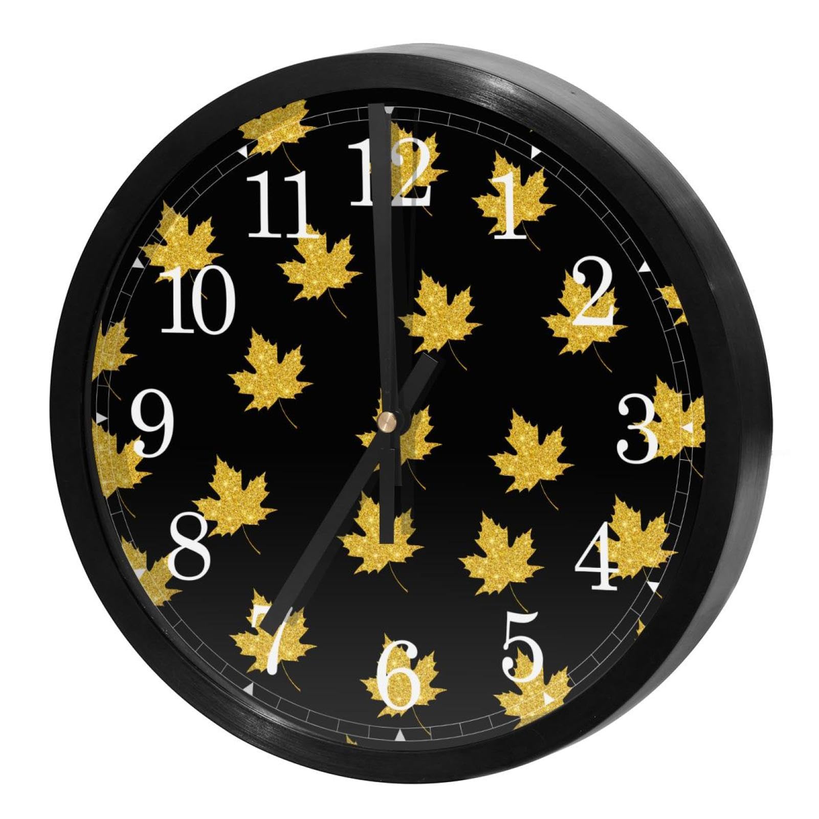Horloge murale silencieuse à quartz ronde design feuilles d'érable doré pour salon