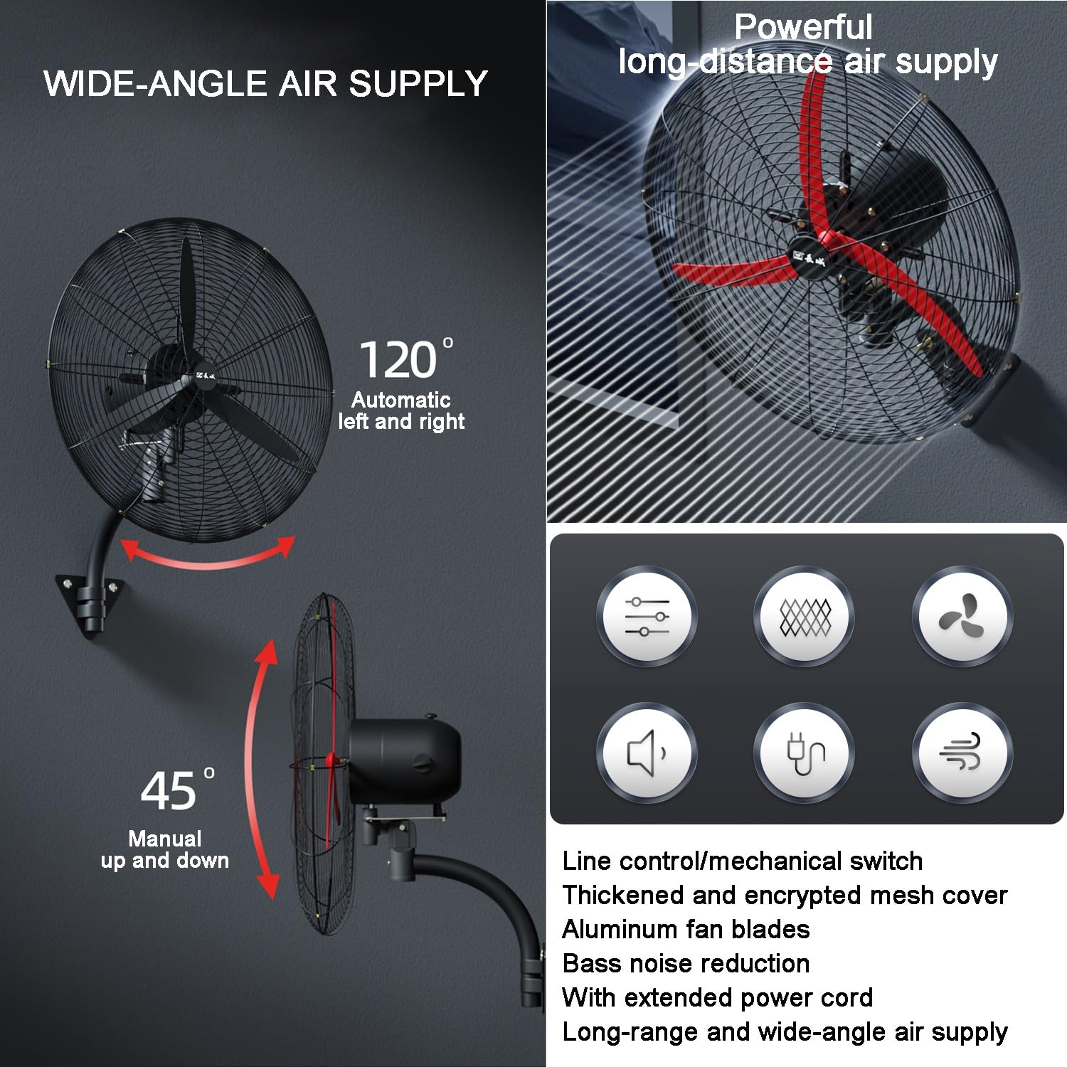 Ventilador de piso, ventilador de pared oscilante industrial de alta resistencia, altura e inclinación ajustables con 3 velocidades, ideal para refrigeración en interiores y exteriores.