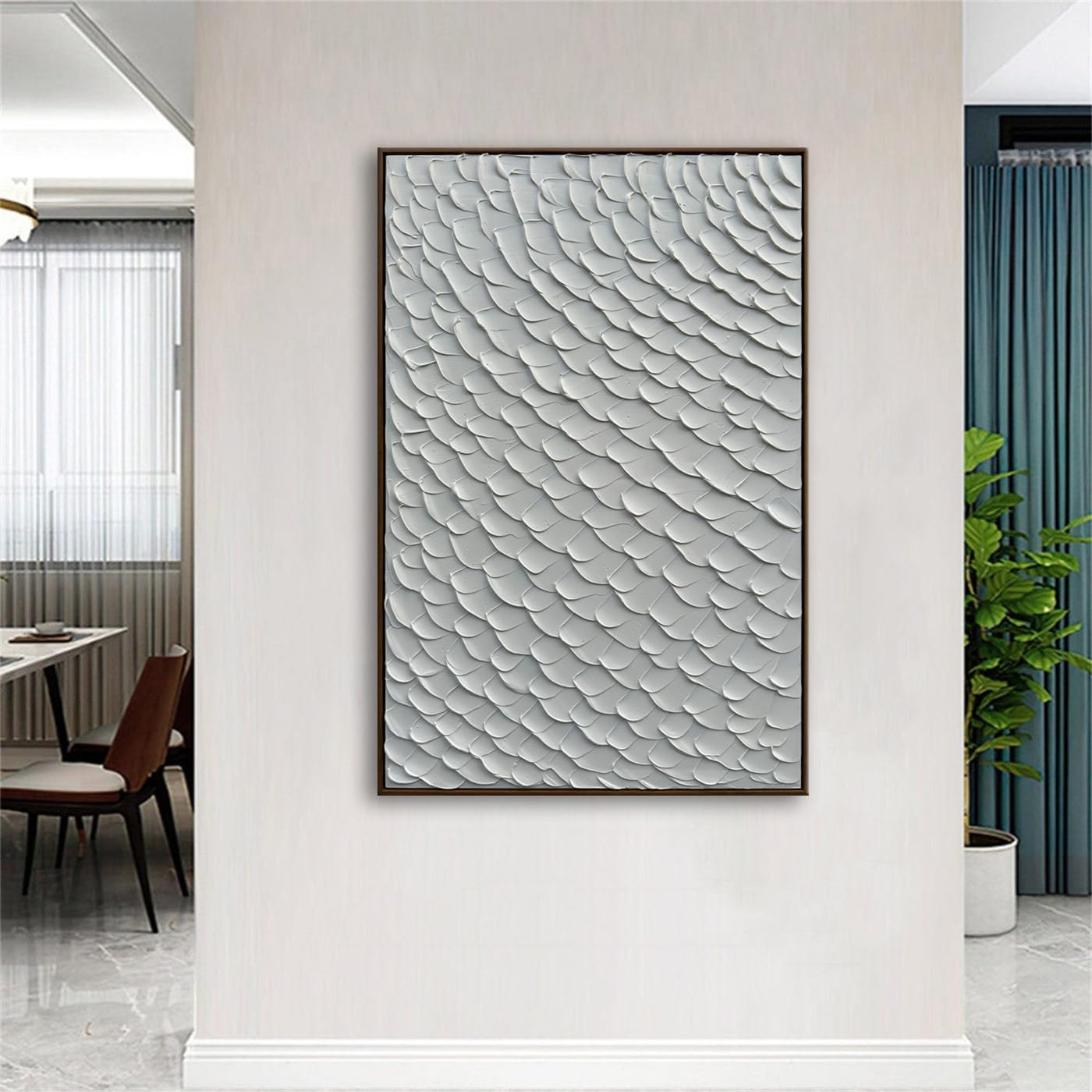 Slyart White Textured Wall Art, Handmade Mermaid Painting Framed Artwork, 3D Vertical Canvas Abstract White Wall Art 24"*36"