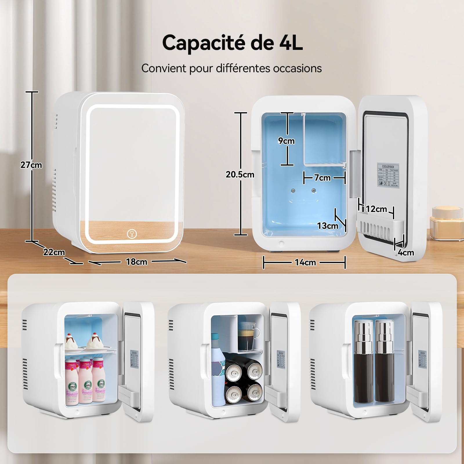 YU YUSING Mini Frigo Cosmétique 4L avec Miroir LED, Petit Frigo de Chambre Cosmétique avec Fonction Chaud/Froid, Mini Réfrigérateur Portable, 12V/220V, Miroir Maquillage pour Voitures (Blanc)