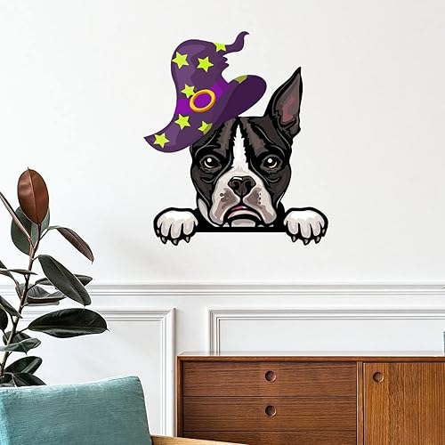 Calcomanías de Halloween de bruja Boston Terrier, calcomanías de pared de bienvenida de Halloween, arte de pared de perro Boston Terrier, póster