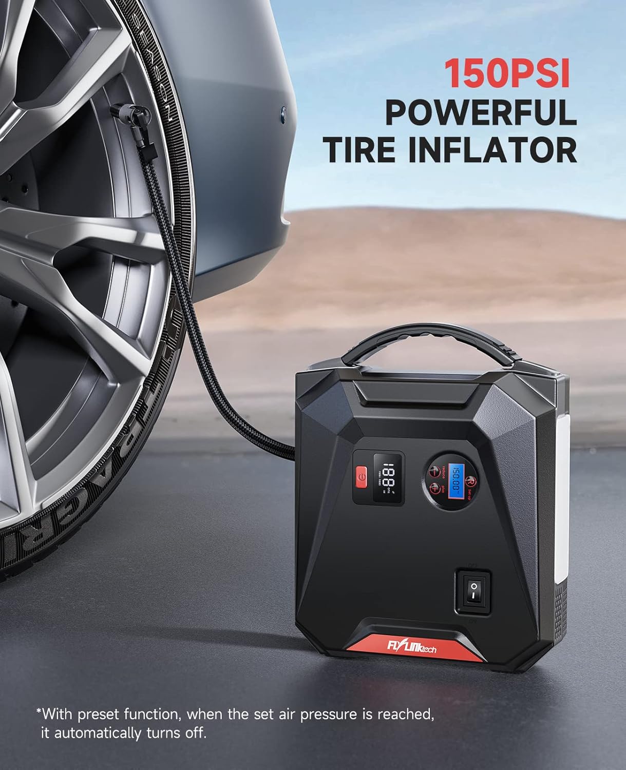 FLYLINKTECH Jump Starter inflating a car tire, showing '150PSI Powerful Tire Inflator'