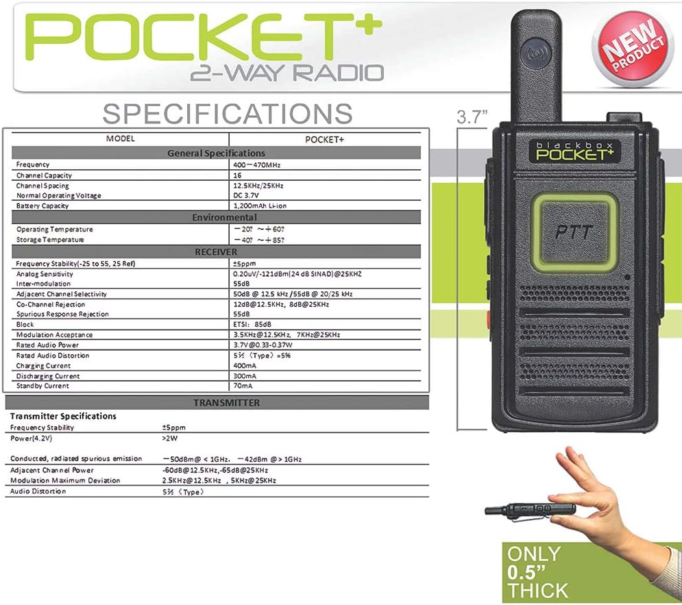 Side view and specifications of the BLACKBOX PocketPlus 2-Way Radio