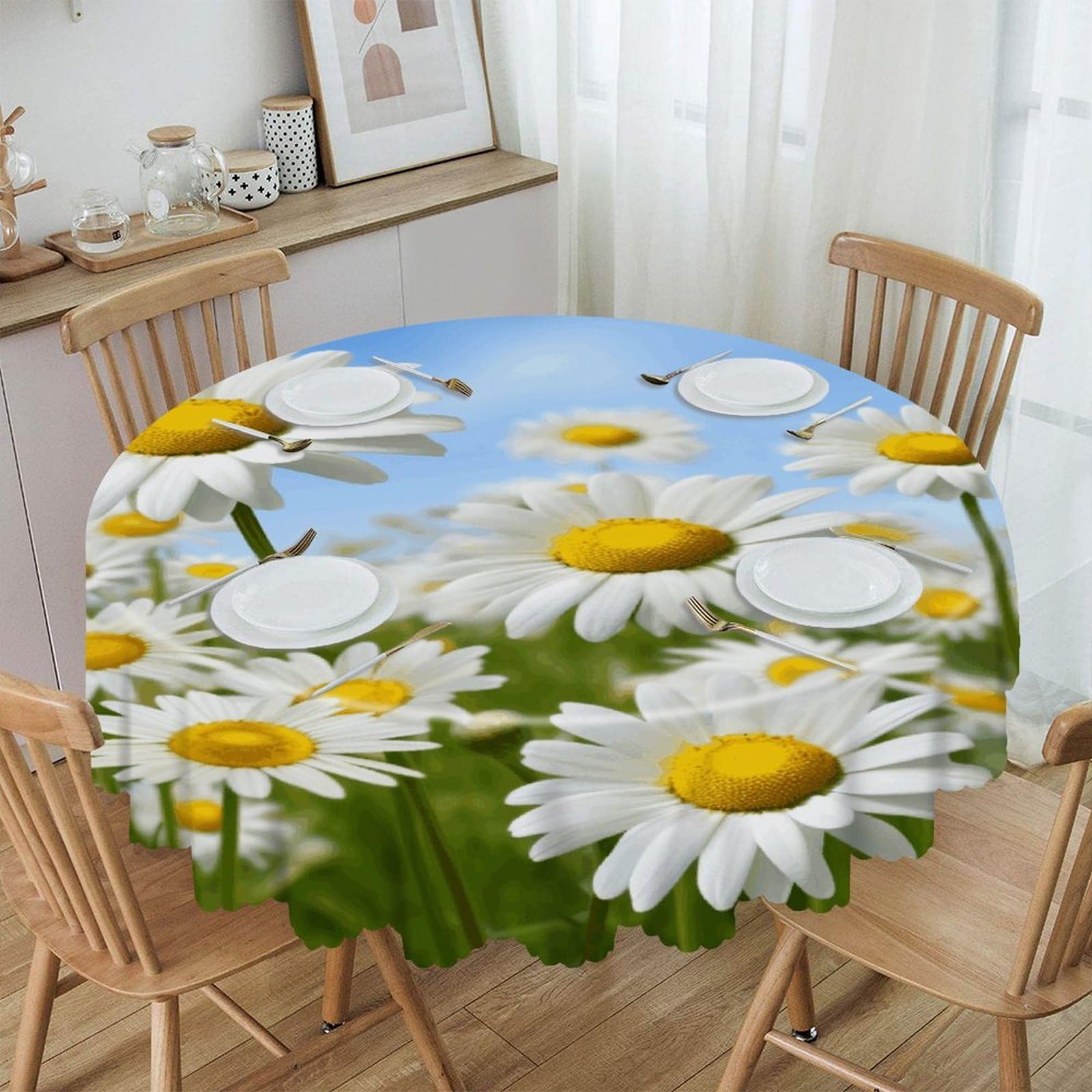 FekiLoot Spring Daisy Flowers Round Tablecloth 60 Inch Waterproof Heavy Duty Table Cloth Spillproof Washable Table Cover Wrinkle Resistant Tablecloths Decorative Table Cloths
