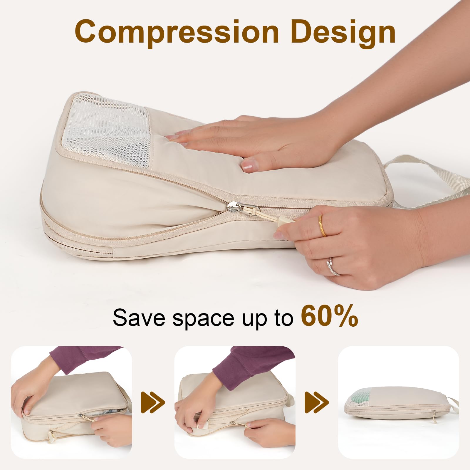 Kompressions-Verpackungswürfel für Koffer, Rucksack, erweiterbare Reisewürfel zum Verpacken mit Schuhtasche, wasserdicht, reißfest, Koffer-Organizer-Taschen für Handgepäck, Beige, 4er-Set