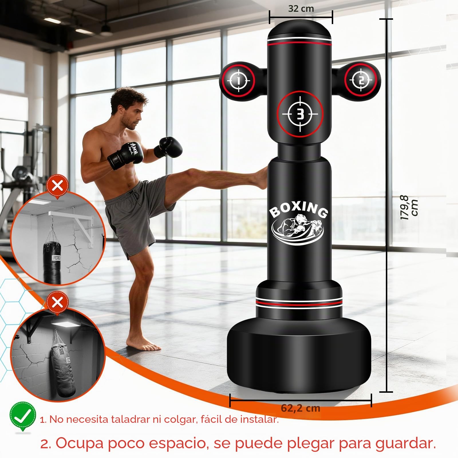NZQXJXZ Saco de Boxeo de pie para Adulto, 180cm Saco Boxe Independiente con Guantes de Boxeo, Bomba, Cuerda para Saltar y Pelota de Reflejos, Sacos de Boxe Inflable para Karate MMA Taekwondo Fitness
