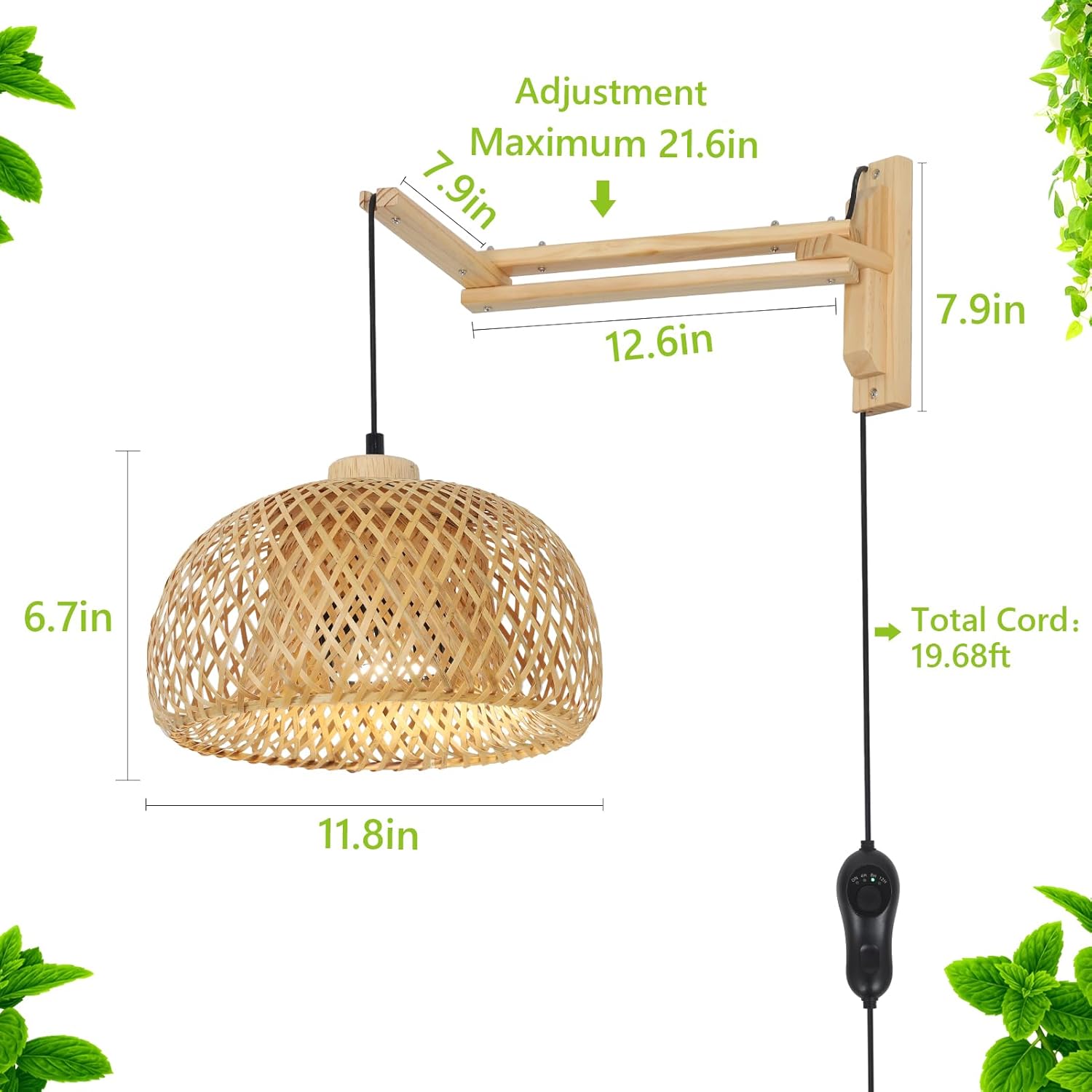 HMVPL Hanging Grow Lights for Indoor Plants Full Spectrum, Boho Plant Lights for Indoor Growing with 20W COB Grow Light Bulb, Bamboo Wall Mounted Grow Light with Swing Arm, Timer for Large Small Plant - Image 4