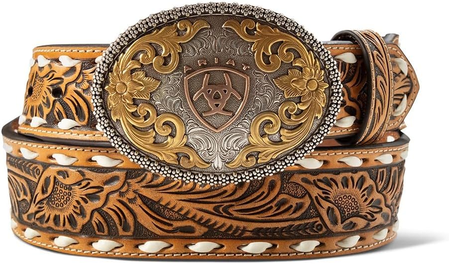 ARIAT Men's Leather Belt with Floral Embossing and Oval Multi Finish Buckle