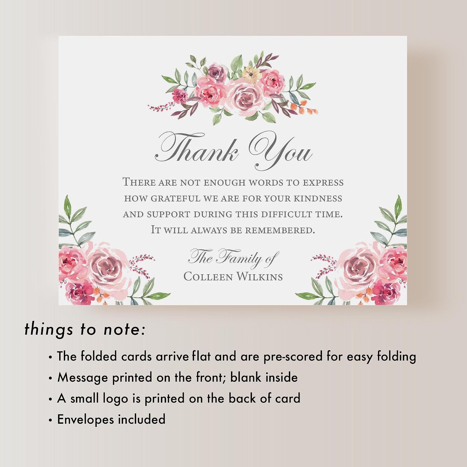 Folded Sympathy Acknowledgement Cards with Pink Watercolor Florals - Personalized Funeral Thank You Notes, Celebration of Life, Envelopes and Custom Name Included (Folded Card)